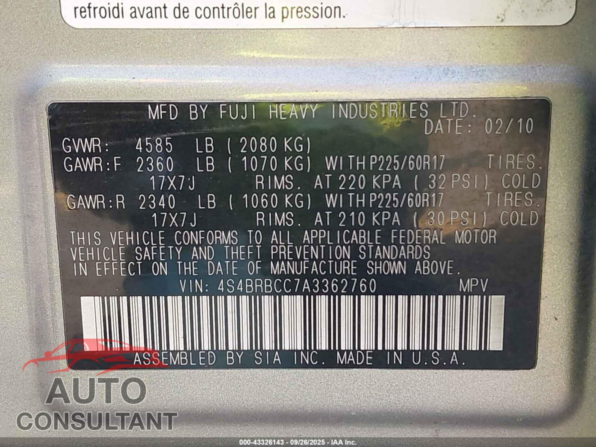 SUBARU OUTBACK 2010 - 4S4BRBCC7A3362760