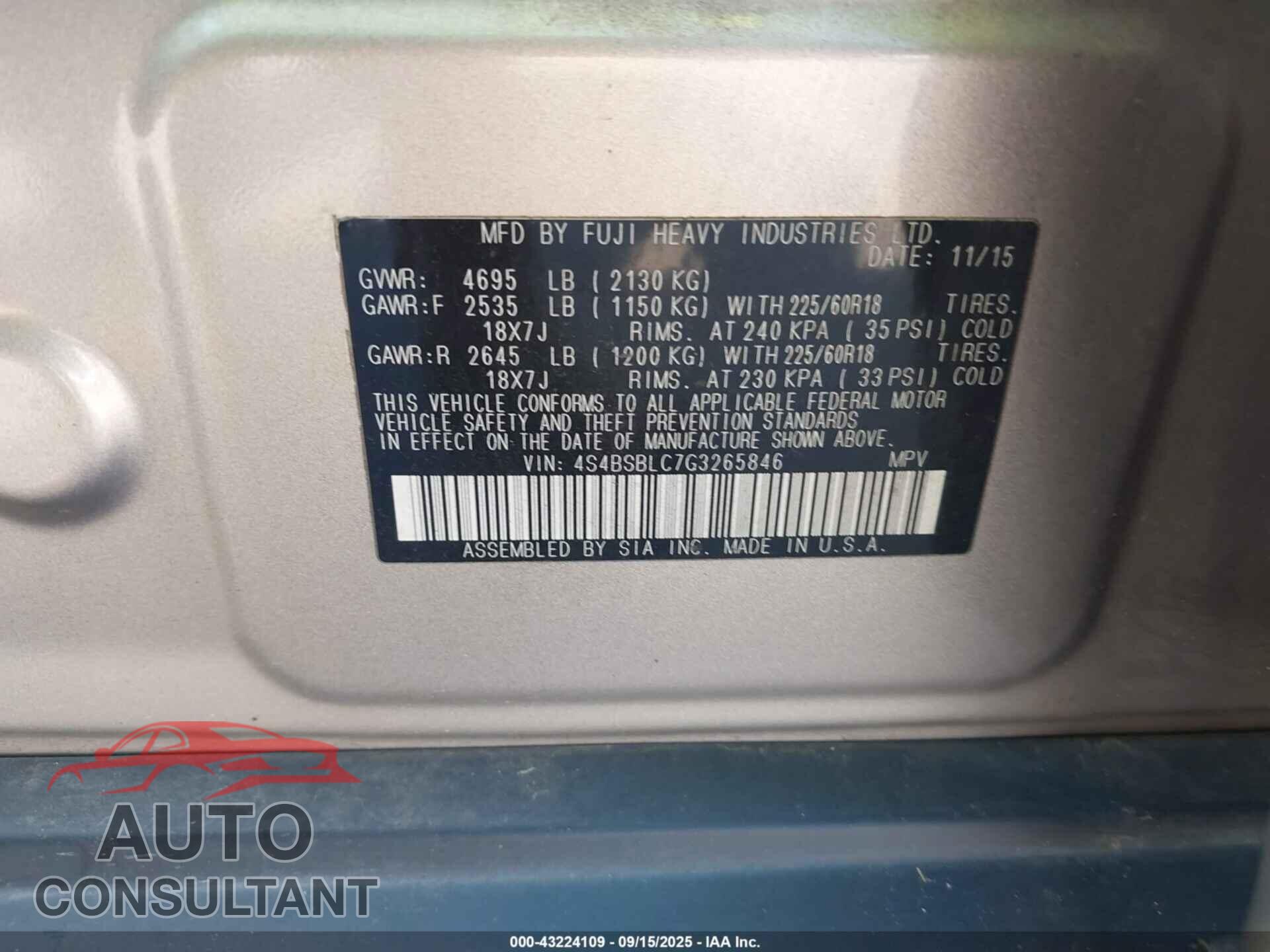 SUBARU OUTBACK 2016 - 4S4BSBLC7G3265846