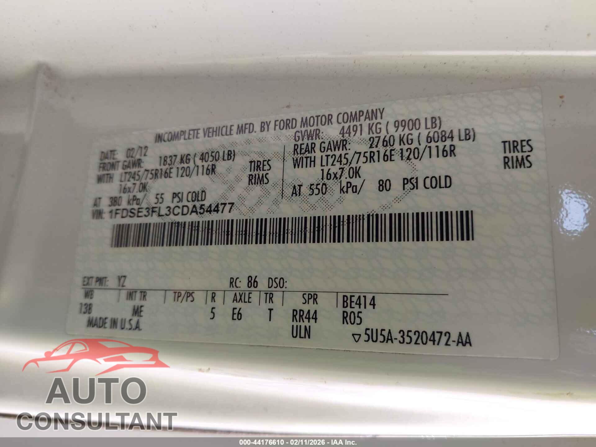 FORD E-350 CUTAWAY 2012 - 1FDSE3FL3CDA54477