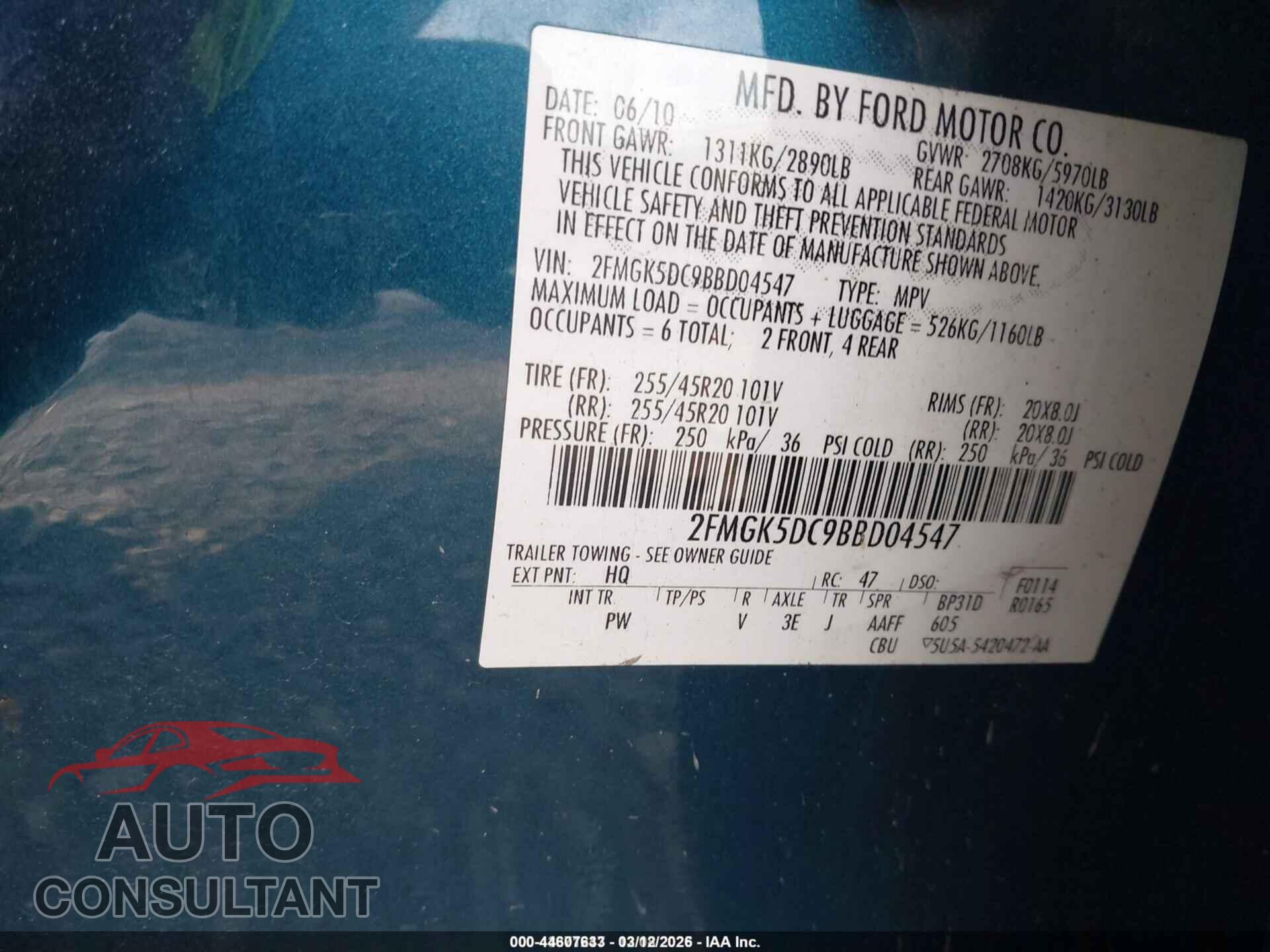 FORD FLEX 2011 - 2FMGK5DC9BBD04547