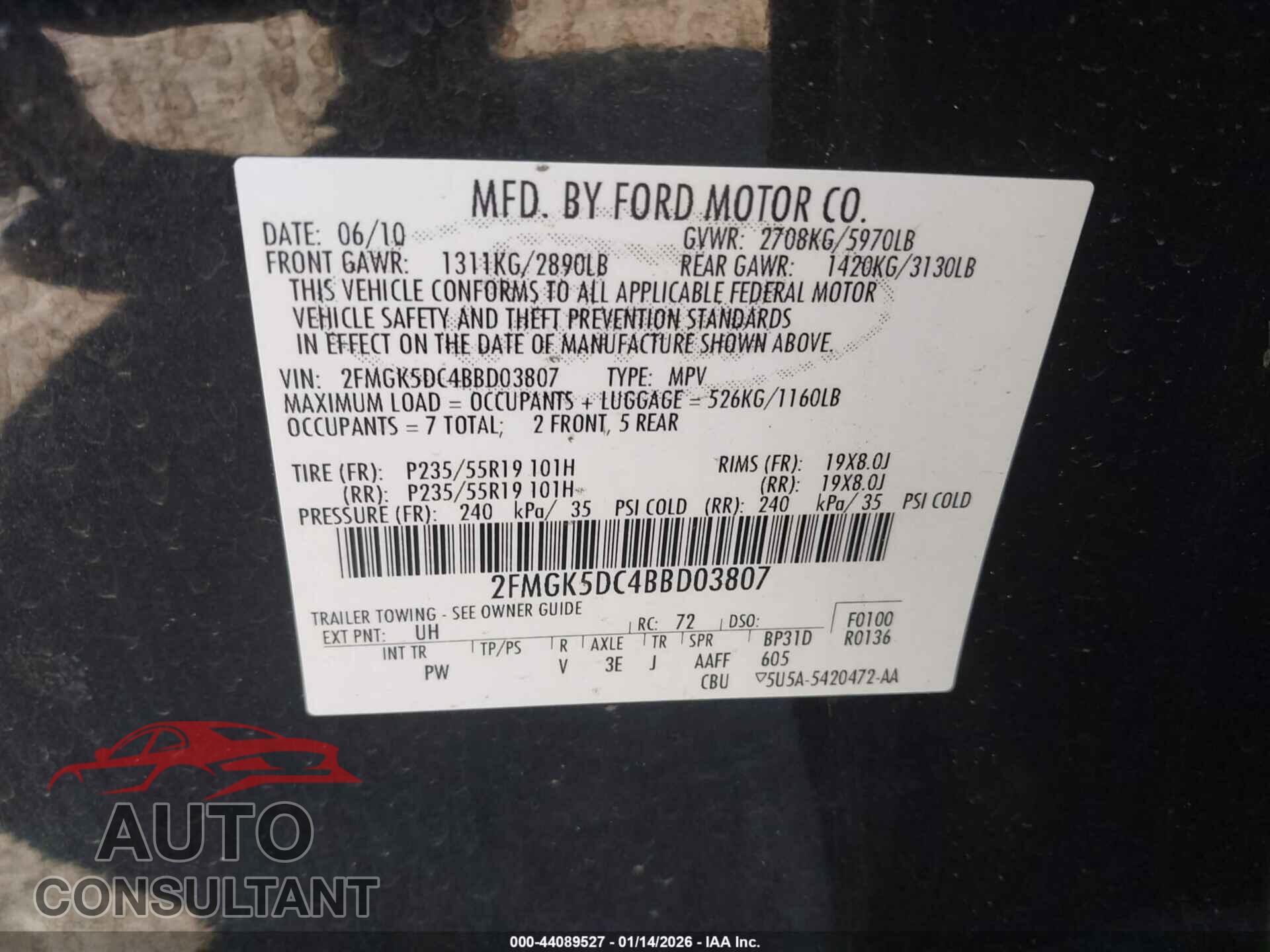 FORD FLEX 2011 - 2FMGK5DC4BBD03807