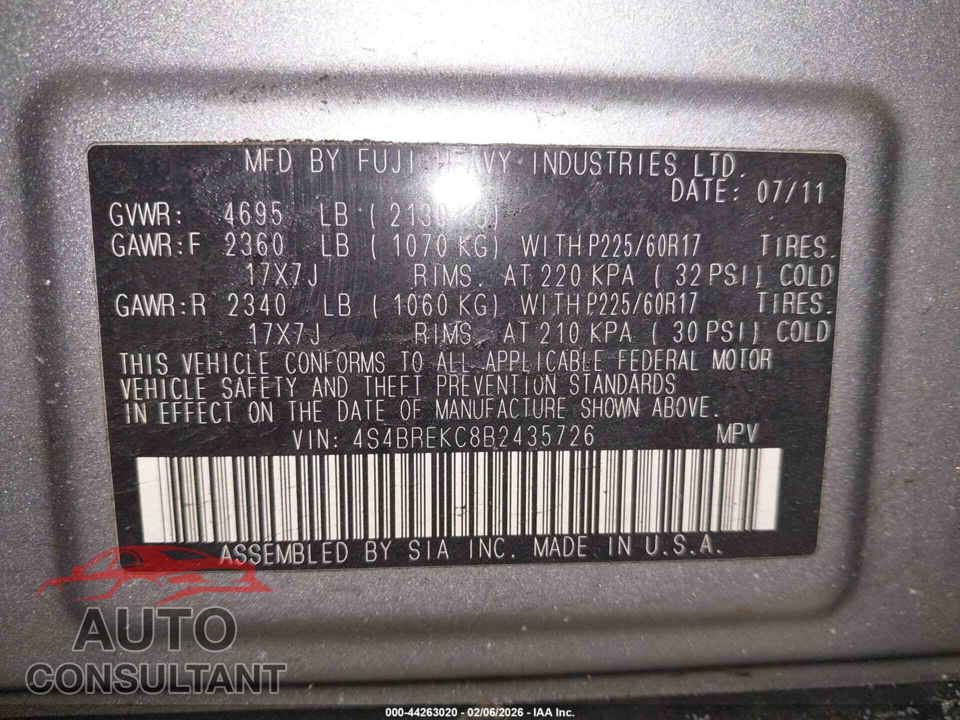 SUBARU OUTBACK 2011 - 4S4BREKC8B2435726