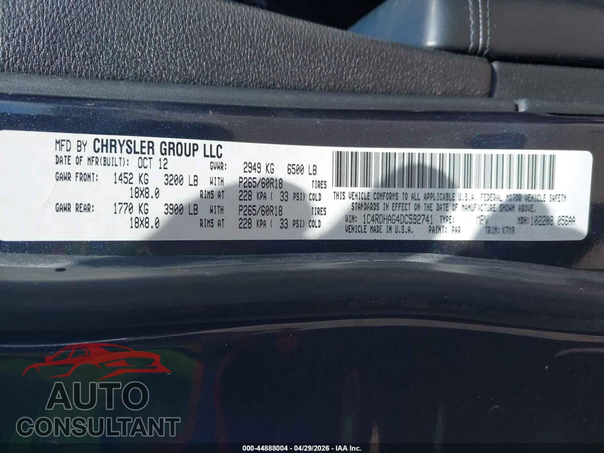 DODGE DURANGO 2013 - 1C4RDHAG4DC592741