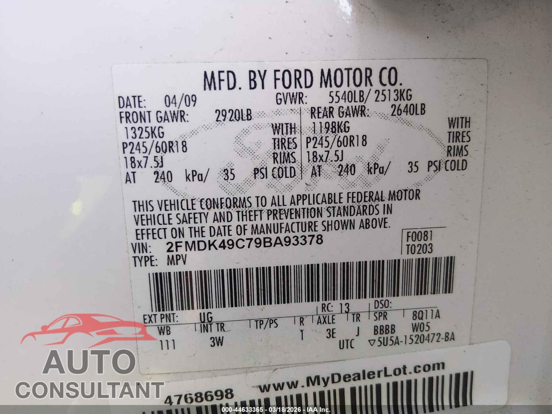 FORD EDGE 2009 - 2FMDK49C79BA93378