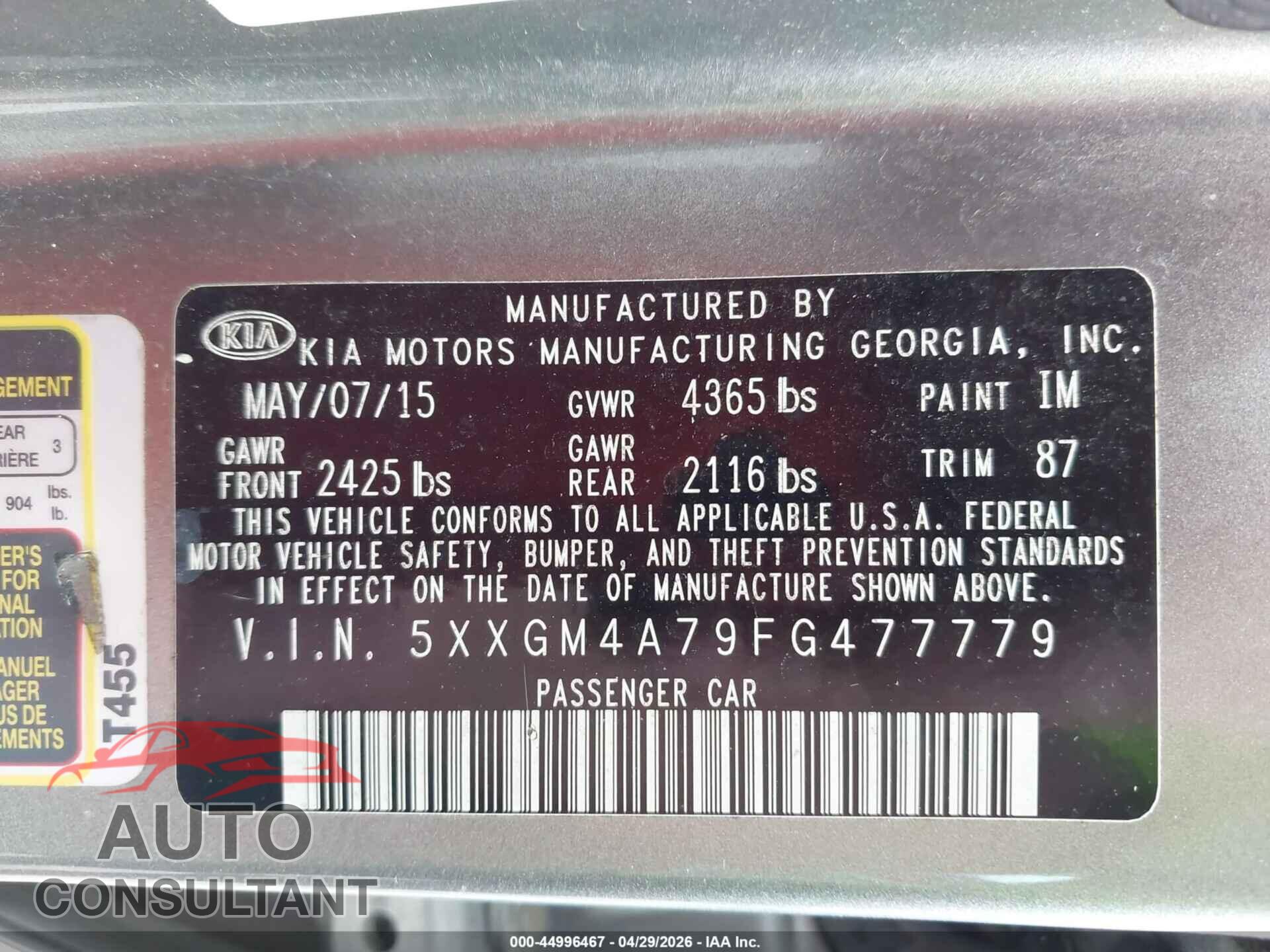 KIA OPTIMA 2015 - 5XXGM4A79FG477779