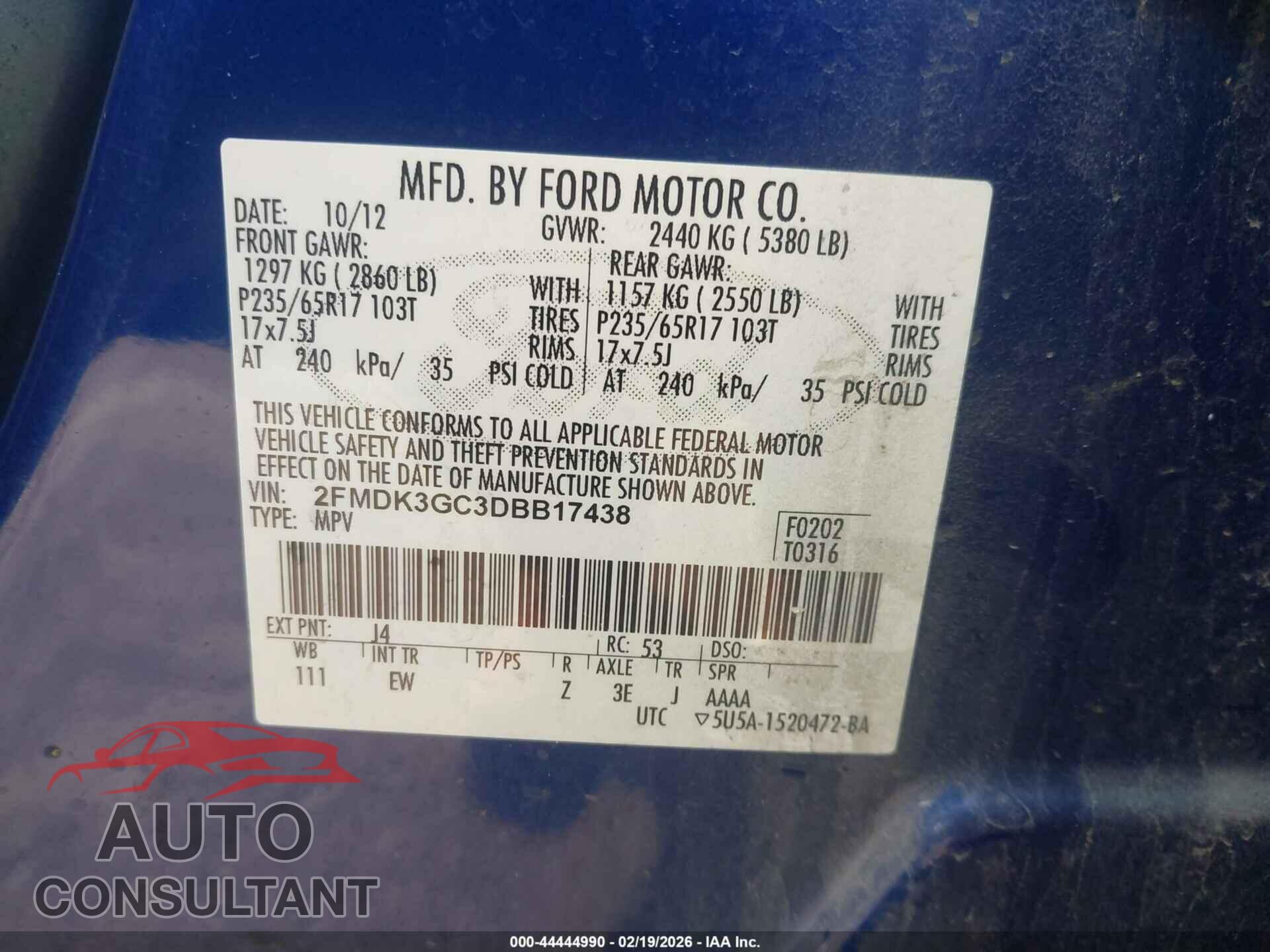 FORD EDGE 2013 - 2FMDK3GC3DBB17438