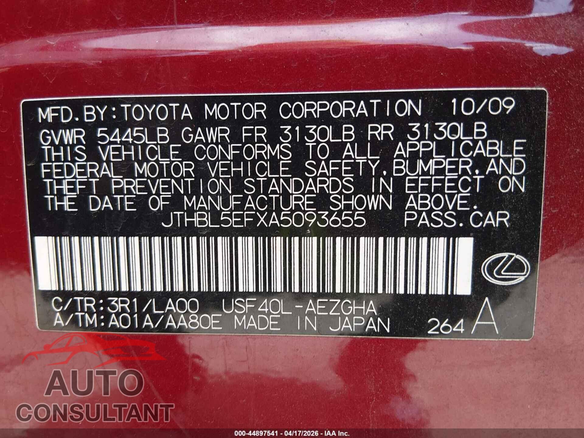 LEXUS LS 460 2010 - JTHBL5EFXA5093655