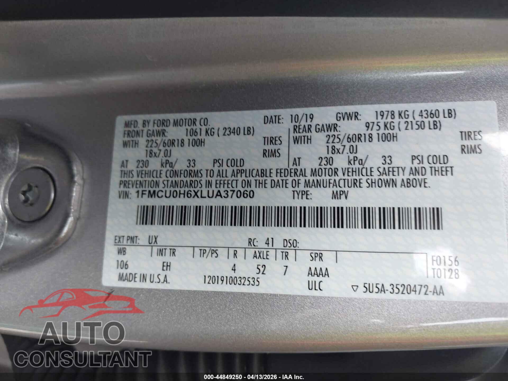 FORD ESCAPE 2020 - 1FMCU0H6XLUA37060