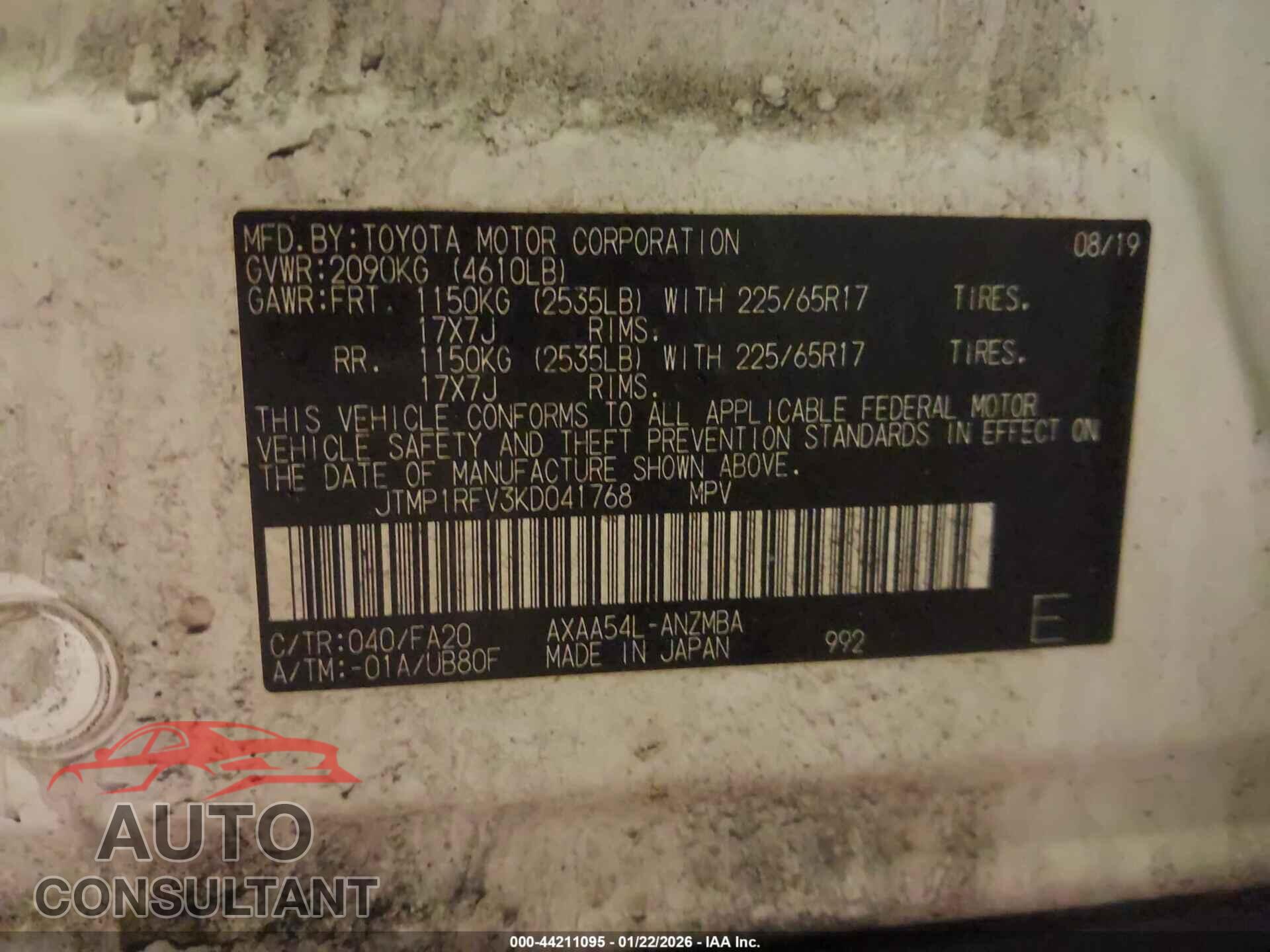 TOYOTA RAV4 2019 - JTMP1RFV3KD041768