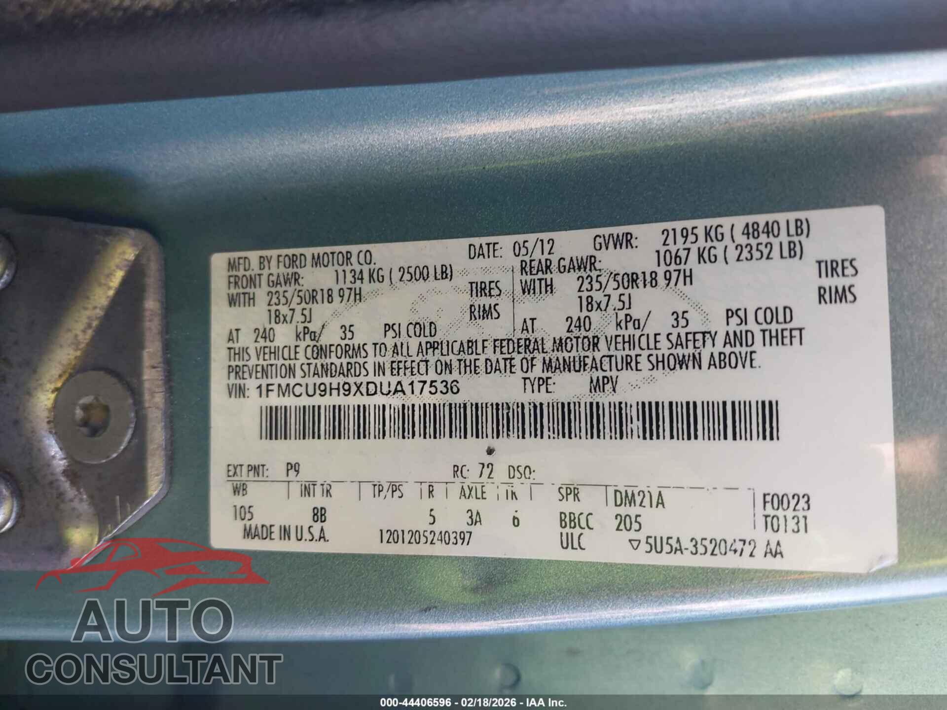 FORD ESCAPE 2013 - 1FMCU9H9XDUA17536
