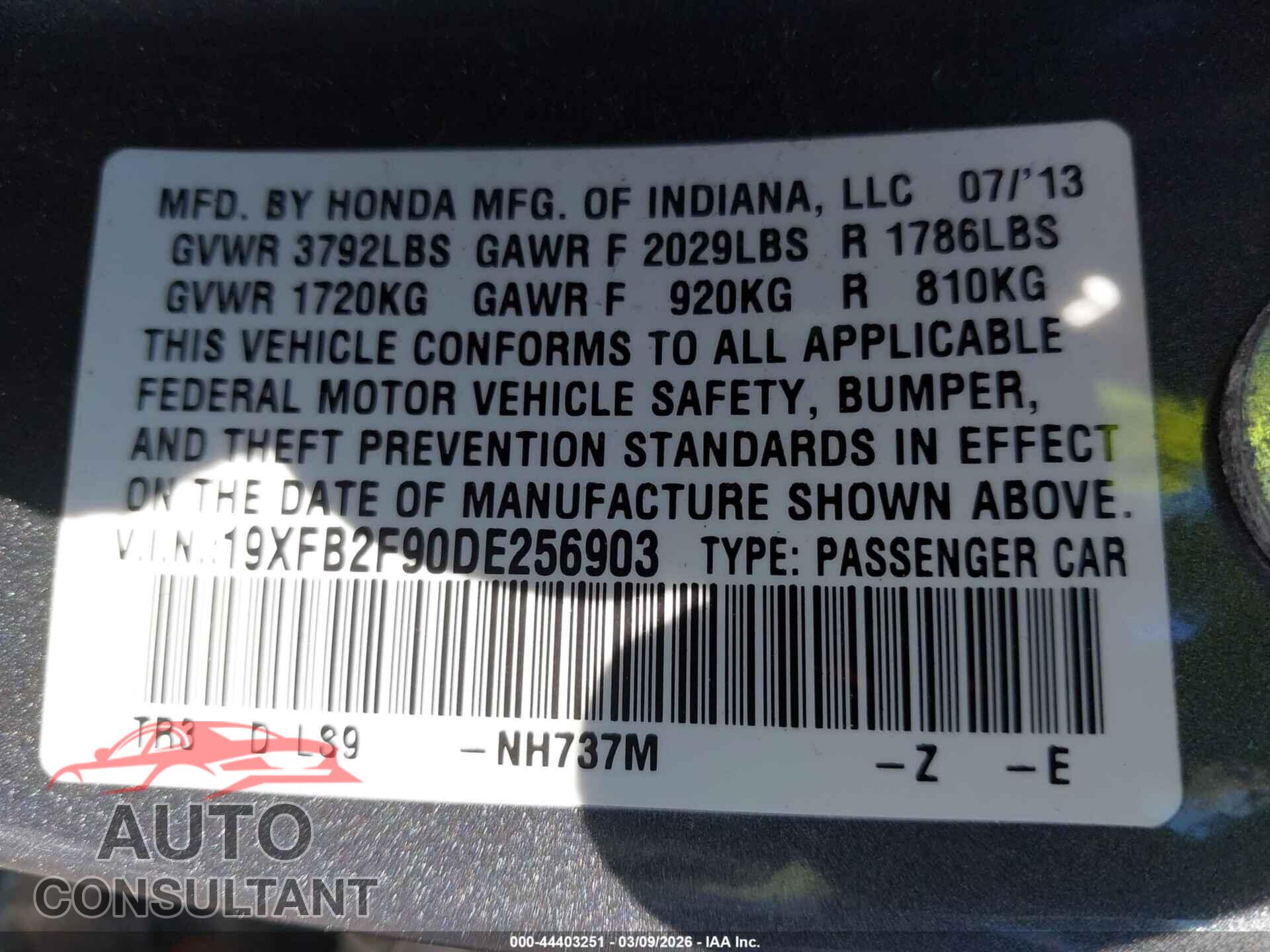 HONDA CIVIC 2013 - 19XFB2F90DE256903