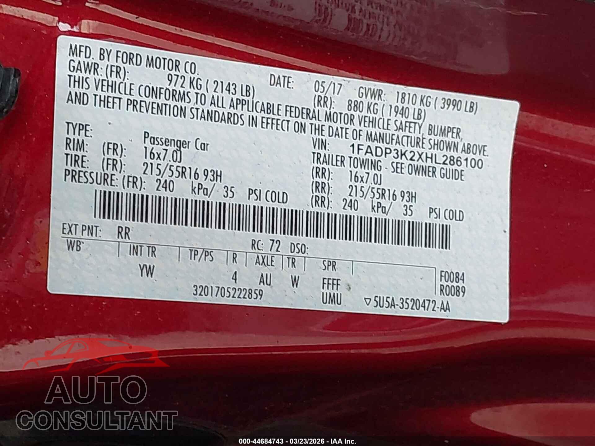 FORD FOCUS 2017 - 1FADP3K2XHL286100