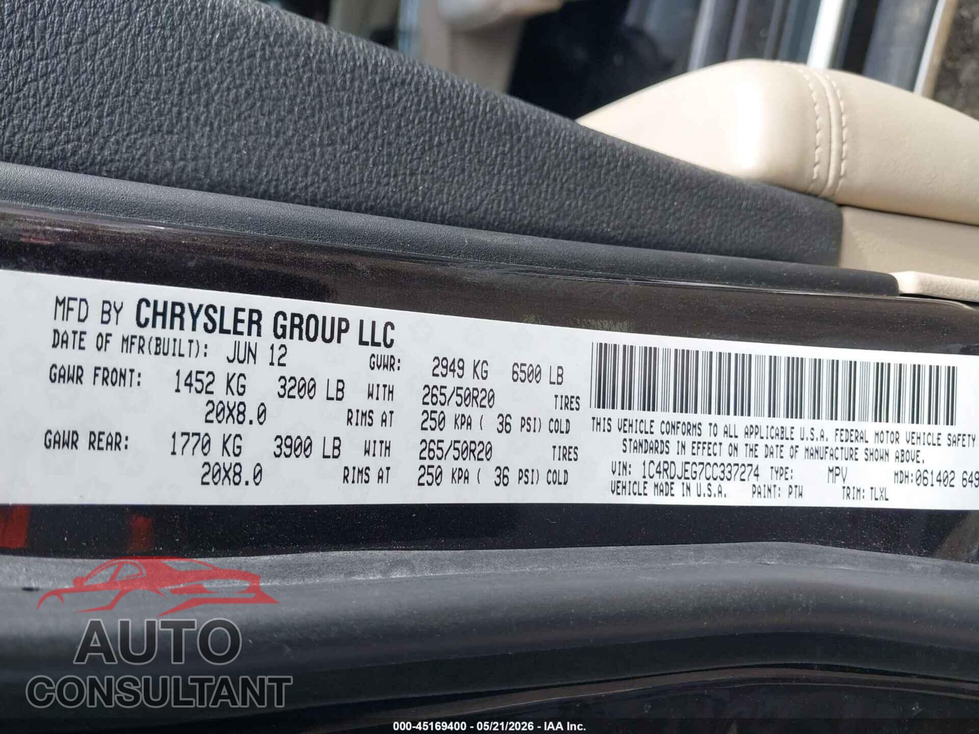 DODGE DURANGO 2012 - 1C4RDJEG7CC337274