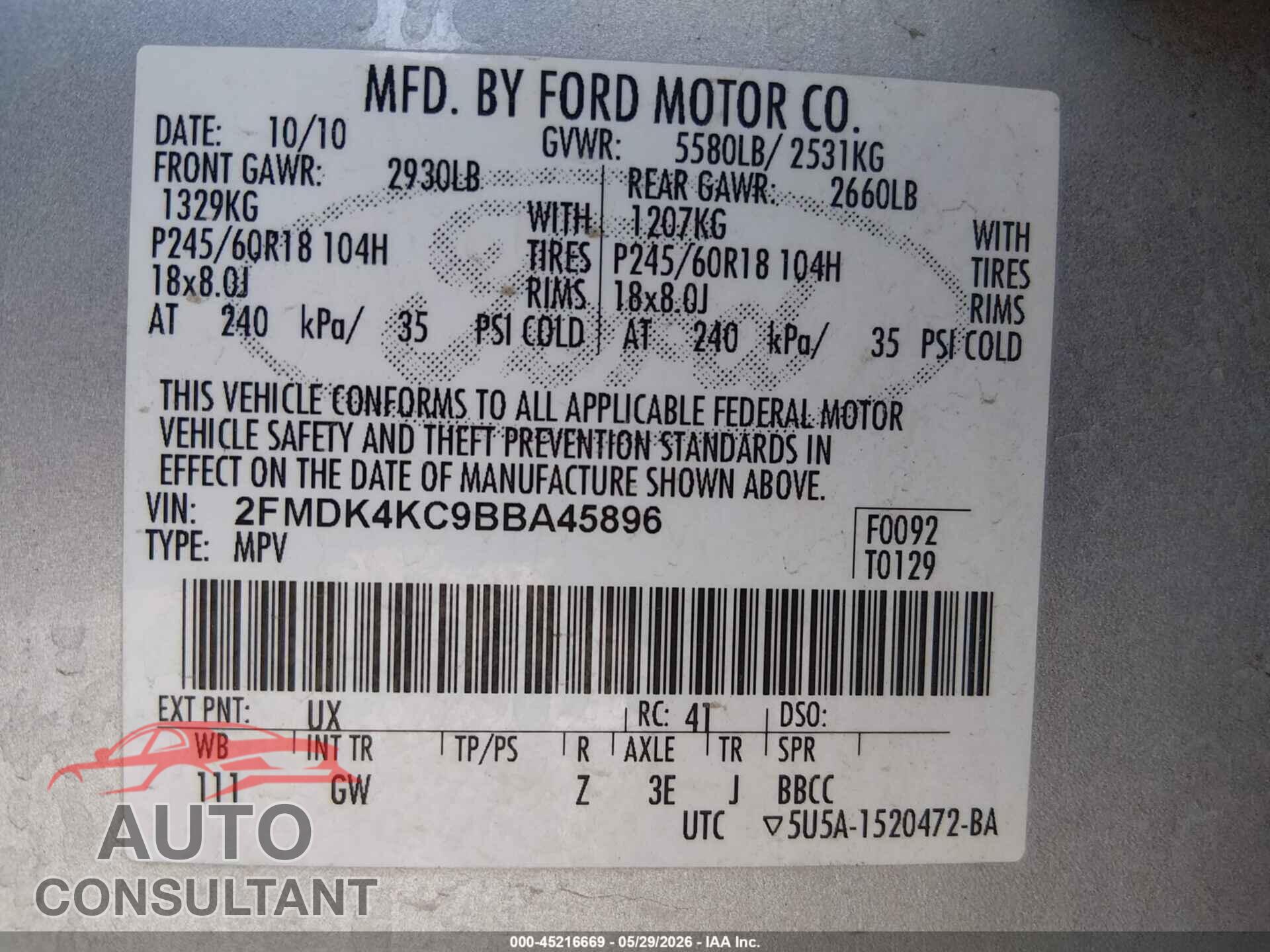 FORD EDGE 2011 - 2FMDK4KC9BBA45896