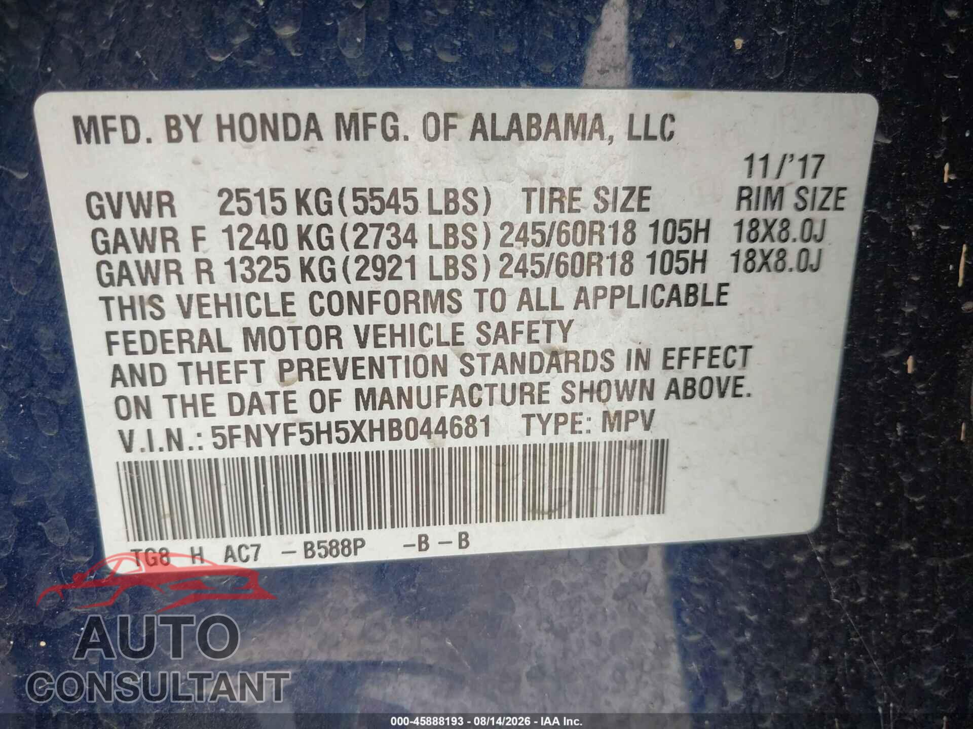 HONDA PILOT 2017 - 5FNYF5H5XHB044681