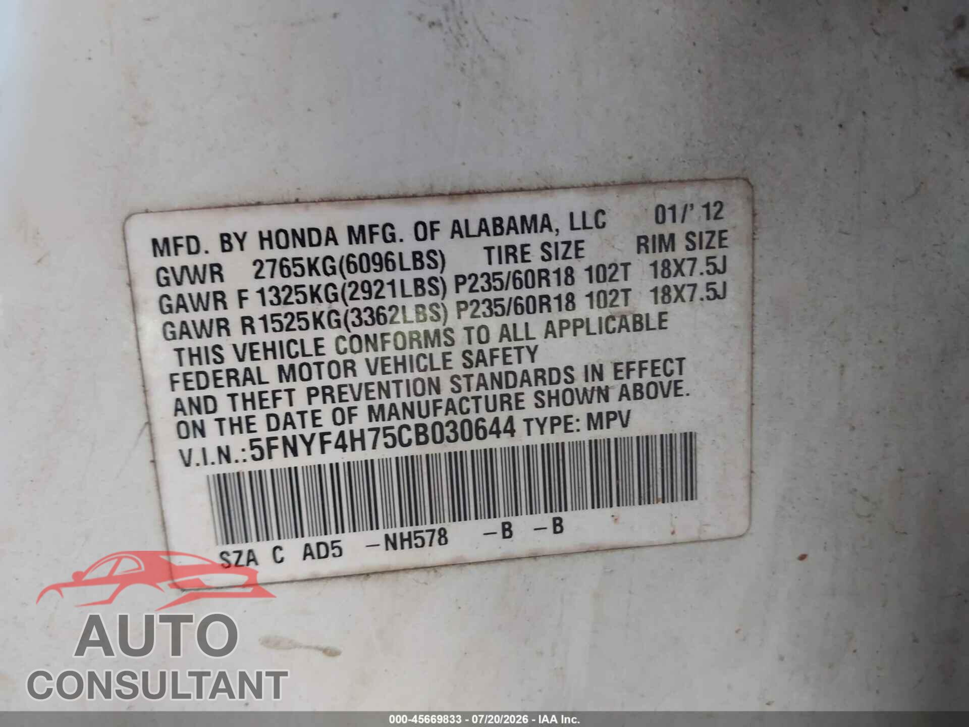 HONDA PILOT 2012 - 5FNYF4H75CB030644