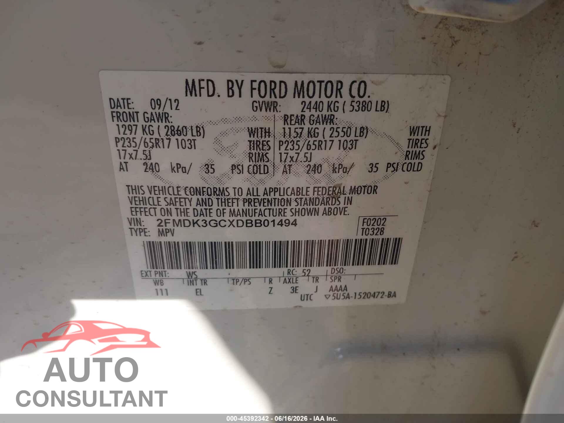 FORD EDGE 2013 - 2FMDK3GCXDBB01494