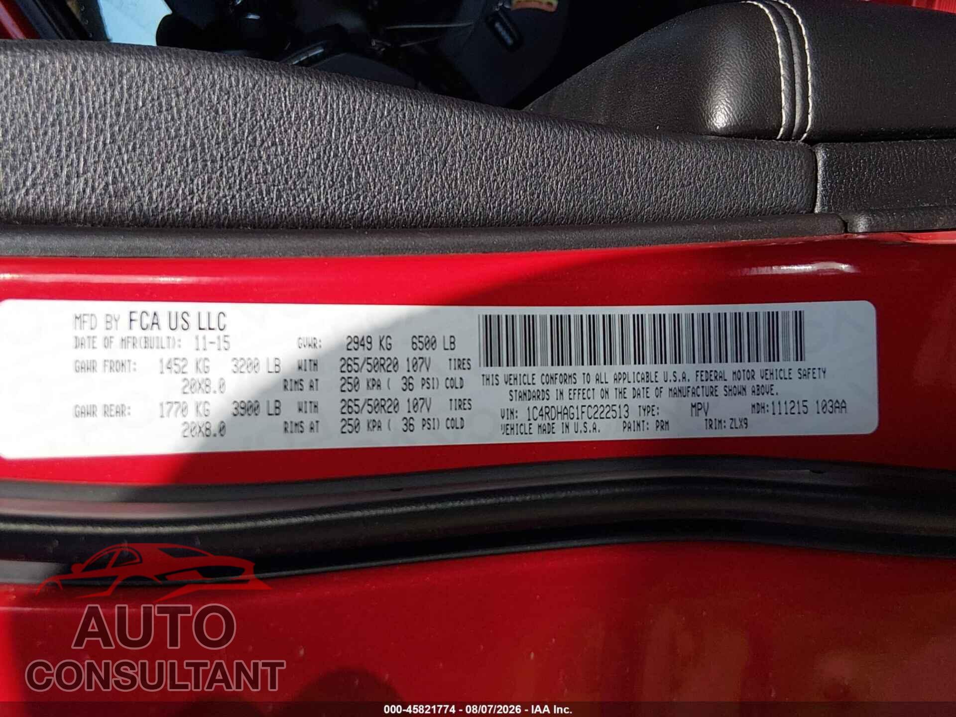 DODGE DURANGO 2015 - 1C4RDHAG1FC222513