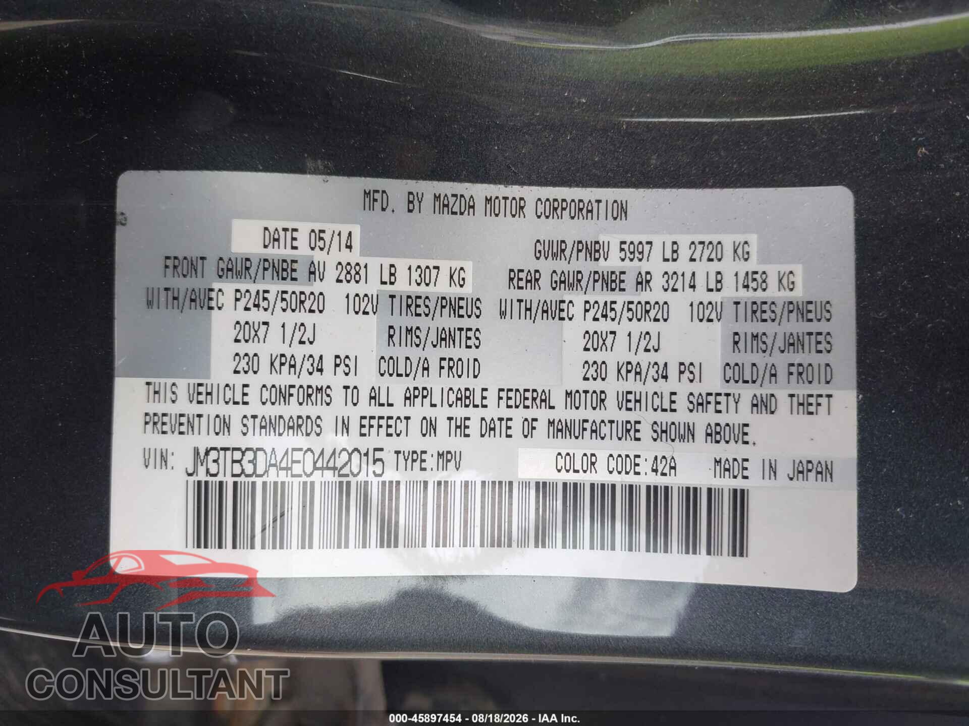 MAZDA CX-9 2014 - JM3TB3DA4E0442015