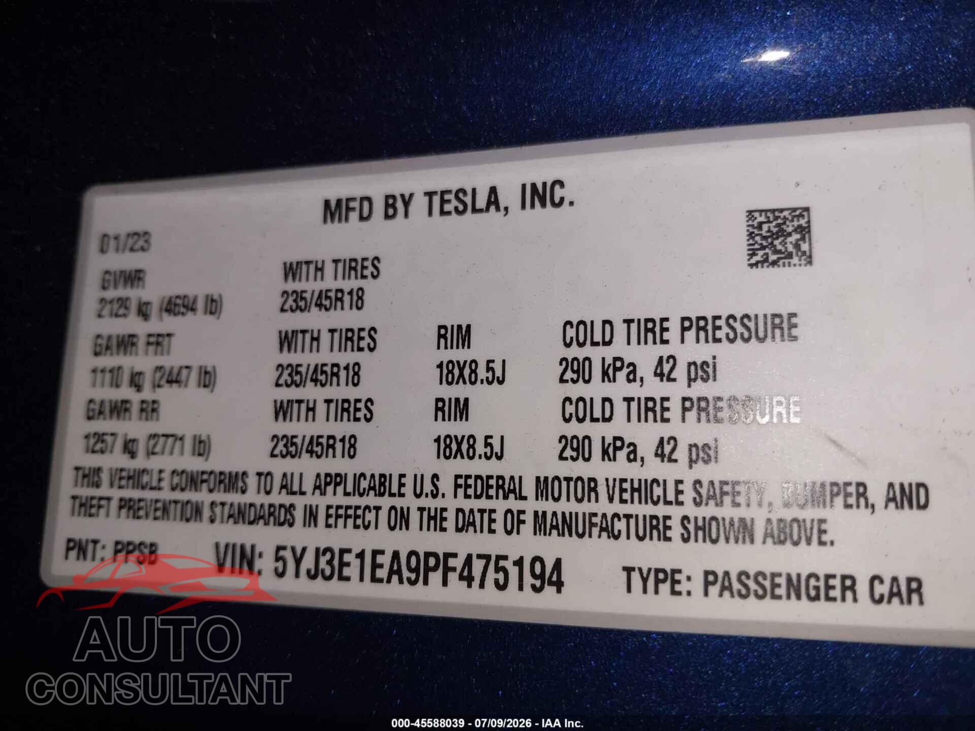 TESLA MODEL 3 2023 - 5YJ3E1EA9PF475194