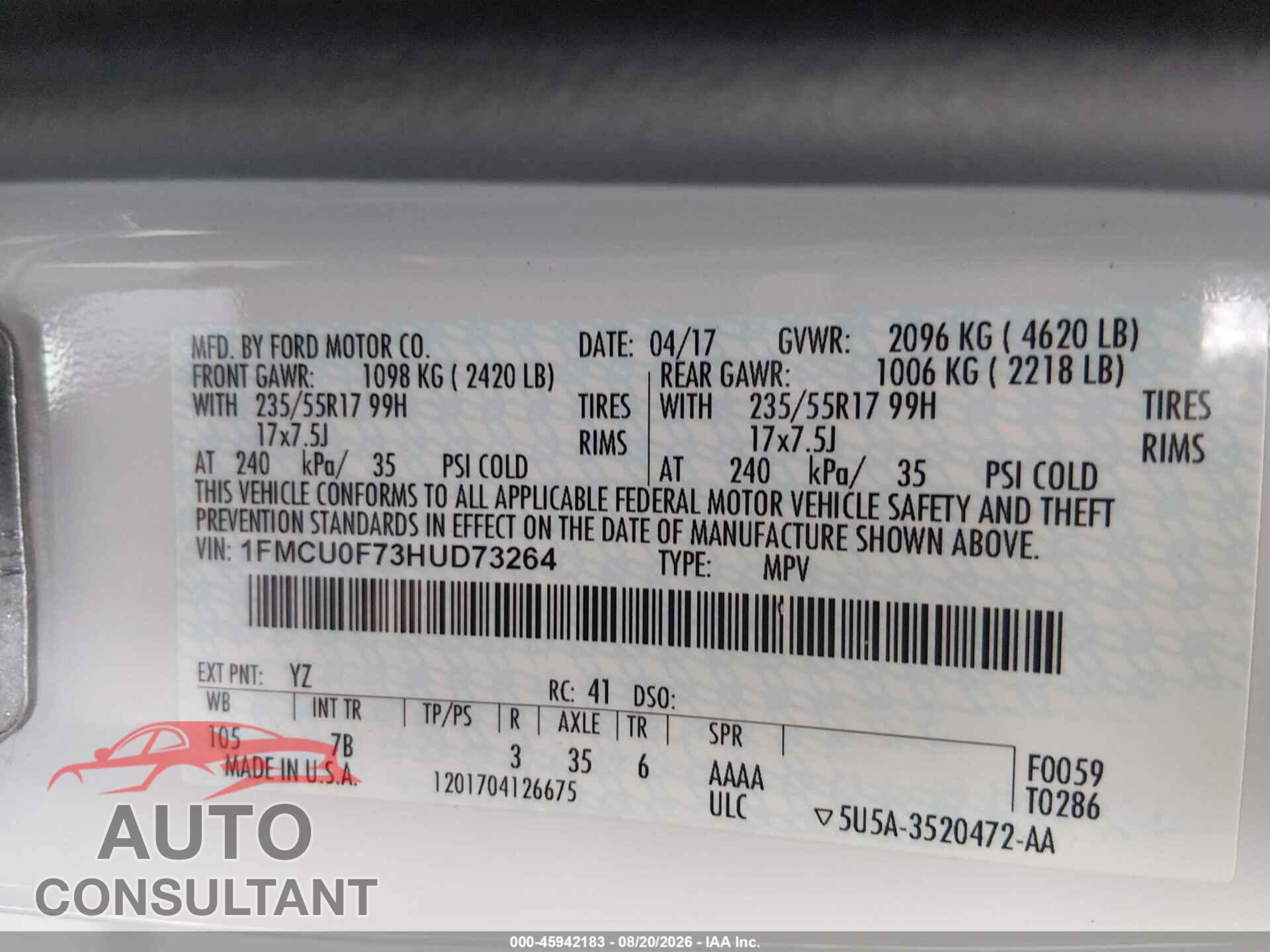 FORD ESCAPE 2017 - 1FMCU0F73HUD73264
