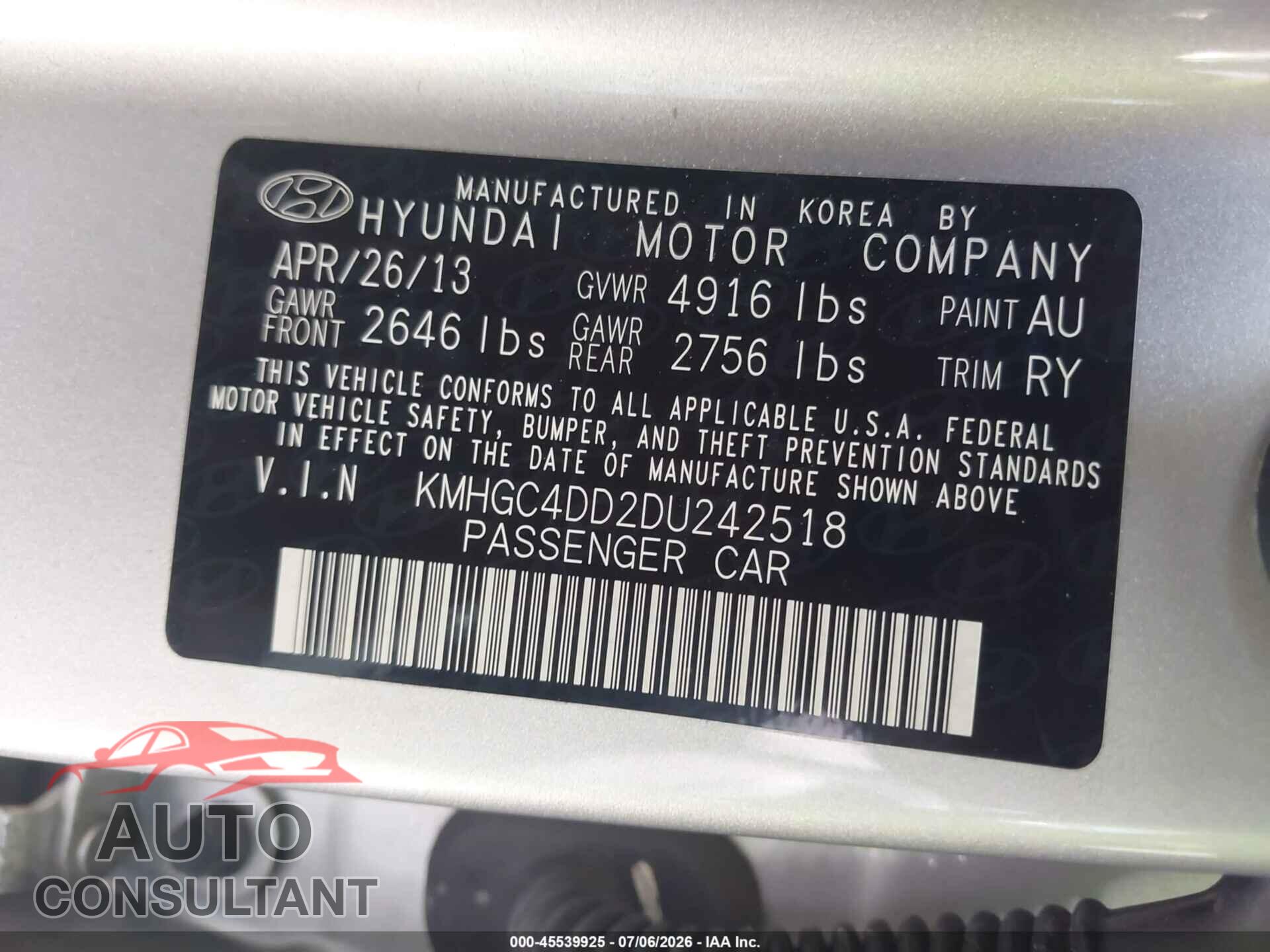 HYUNDAI GENESIS 2013 - KMHGC4DD2DU242518