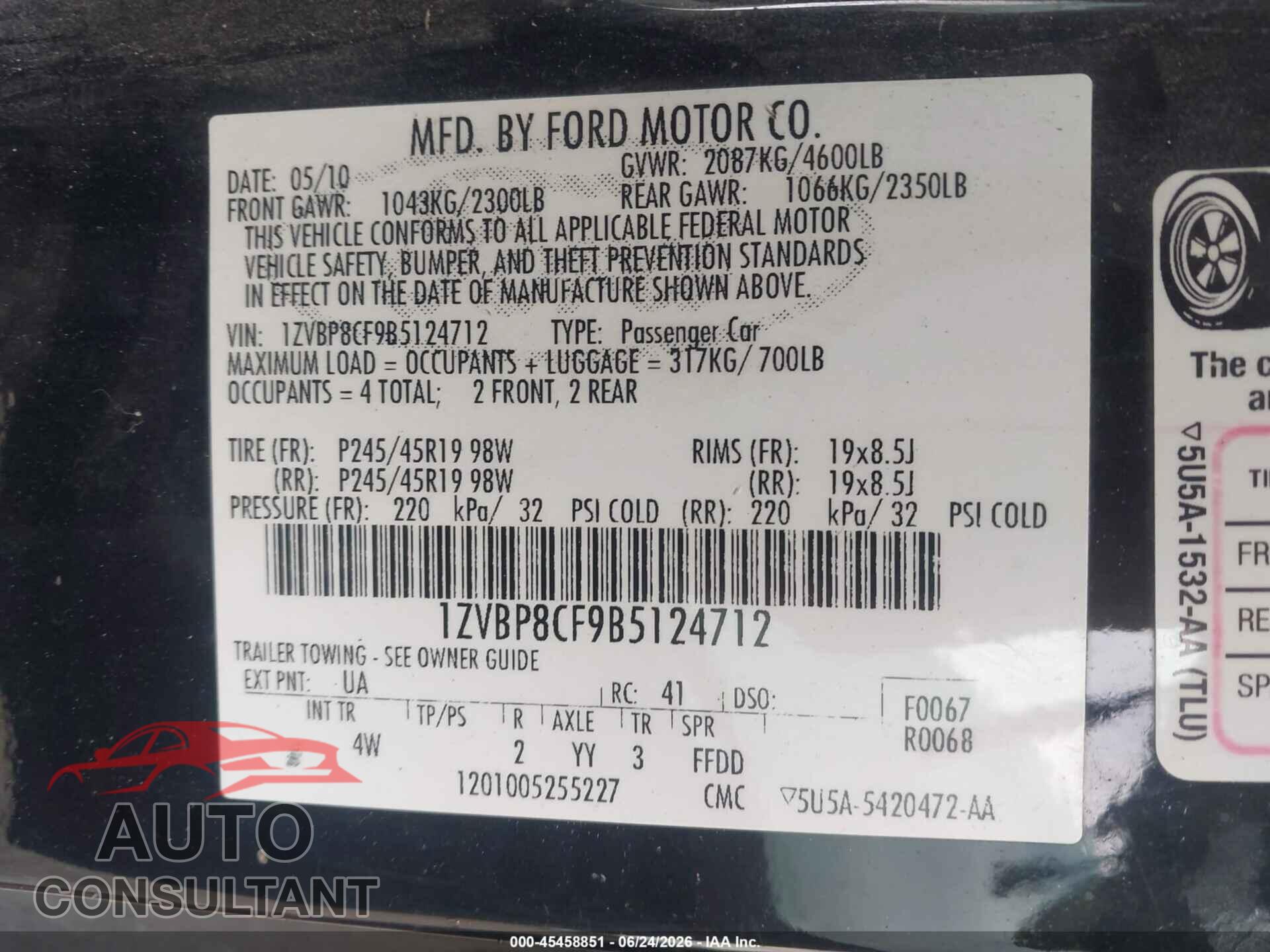 FORD MUSTANG 2011 - 1ZVBP8CF9B5124712