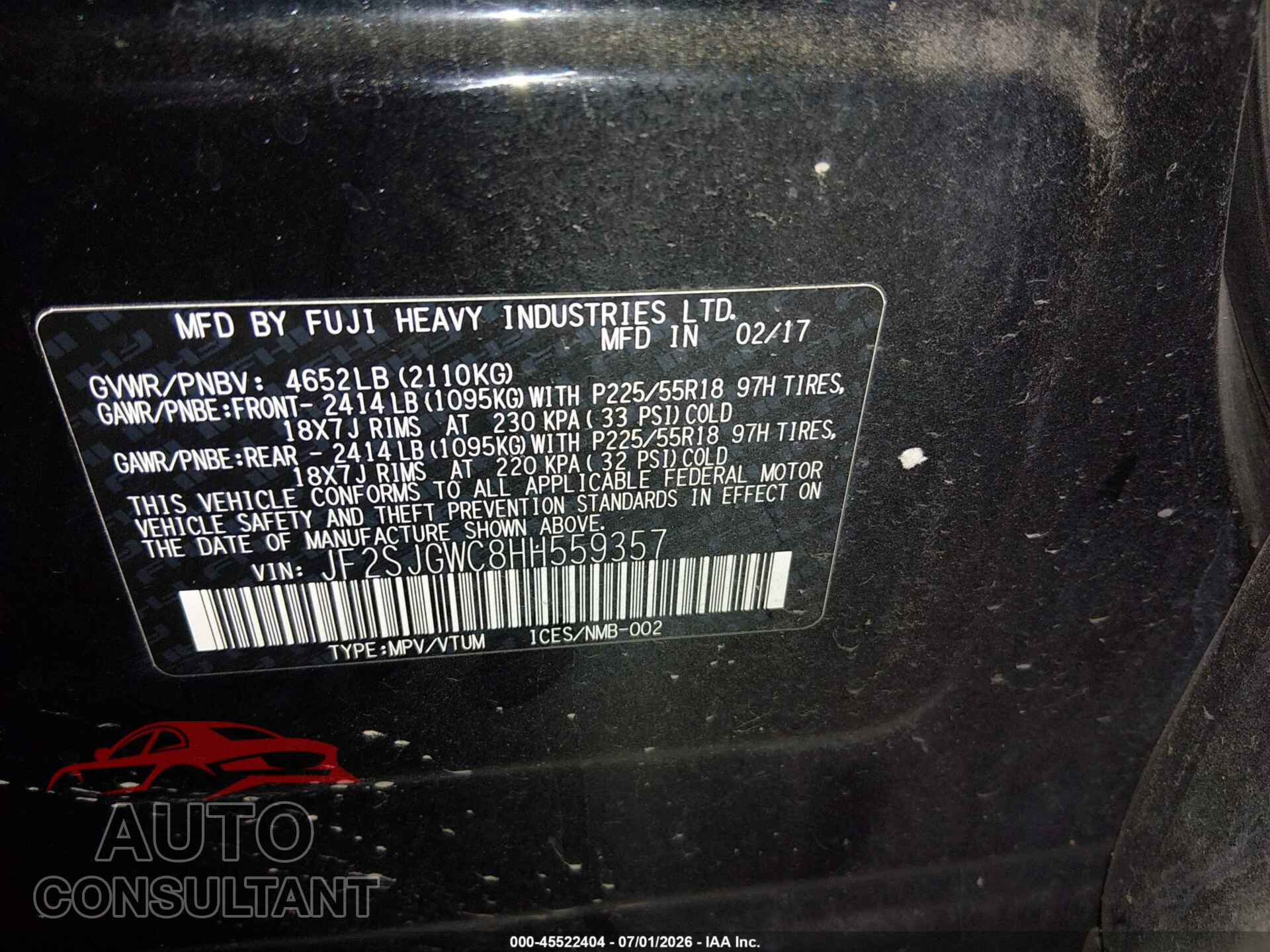 SUBARU FORESTER 2017 - JF2SJGWC8HH559357
