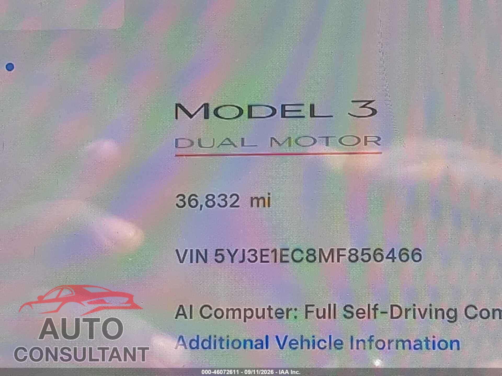 TESLA MODEL 3 2021 - 5YJ3E1EC8MF856466