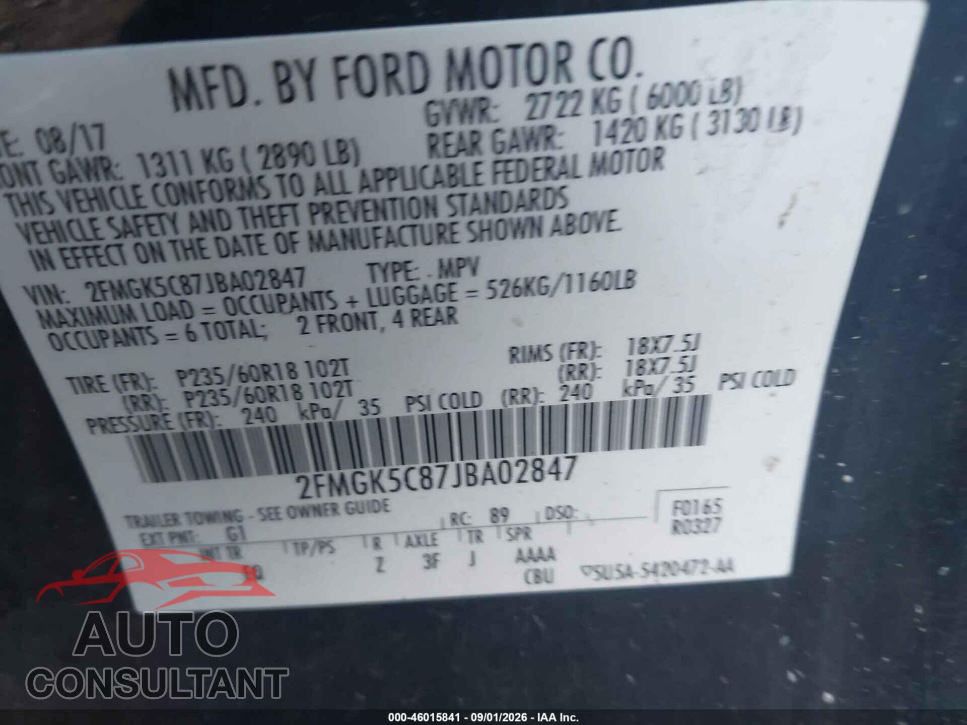FORD FLEX 2018 - 2FMGK5C87JBA02847