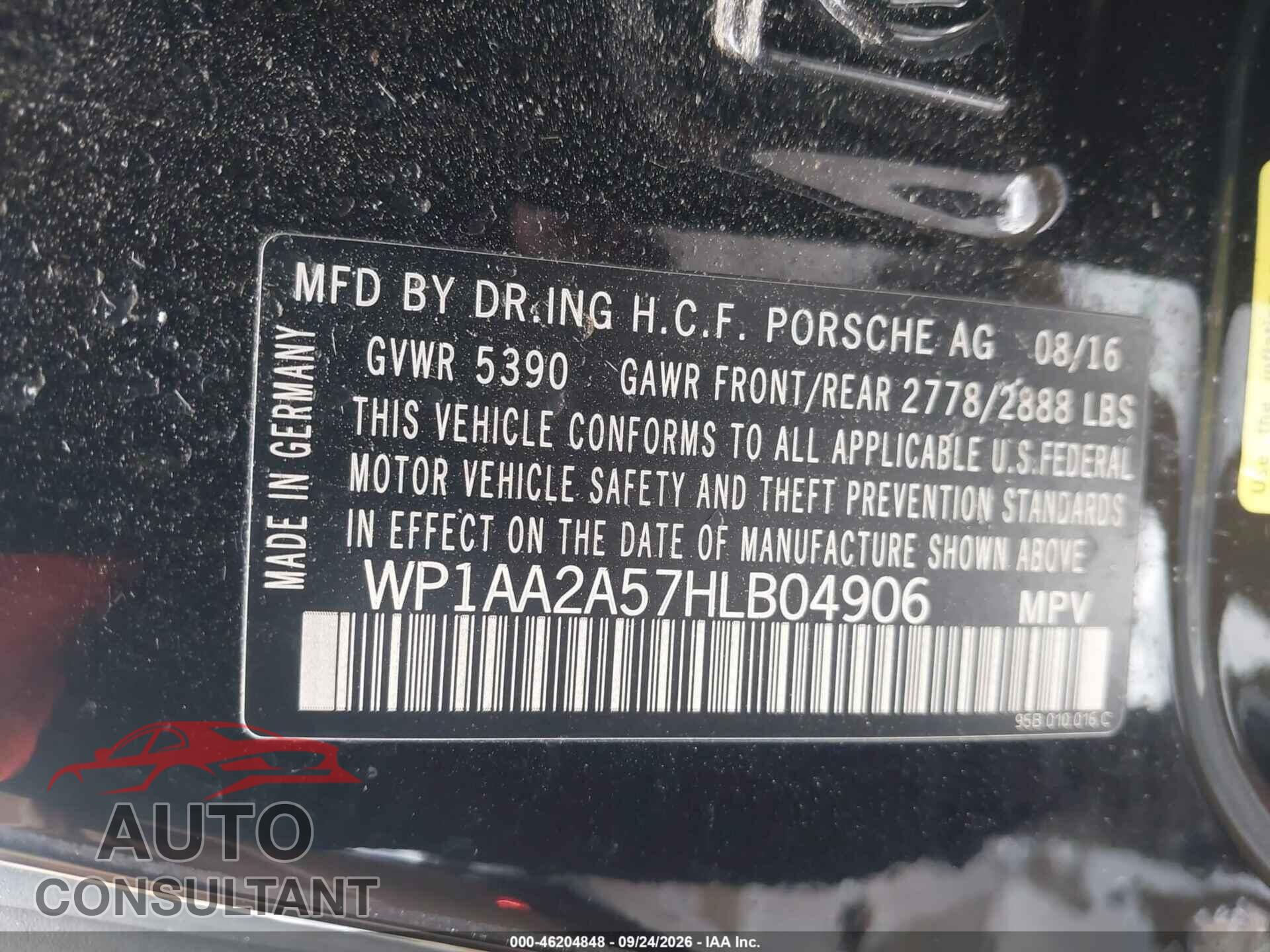 PORSCHE MACAN 2017 - WP1AA2A57HLB04906