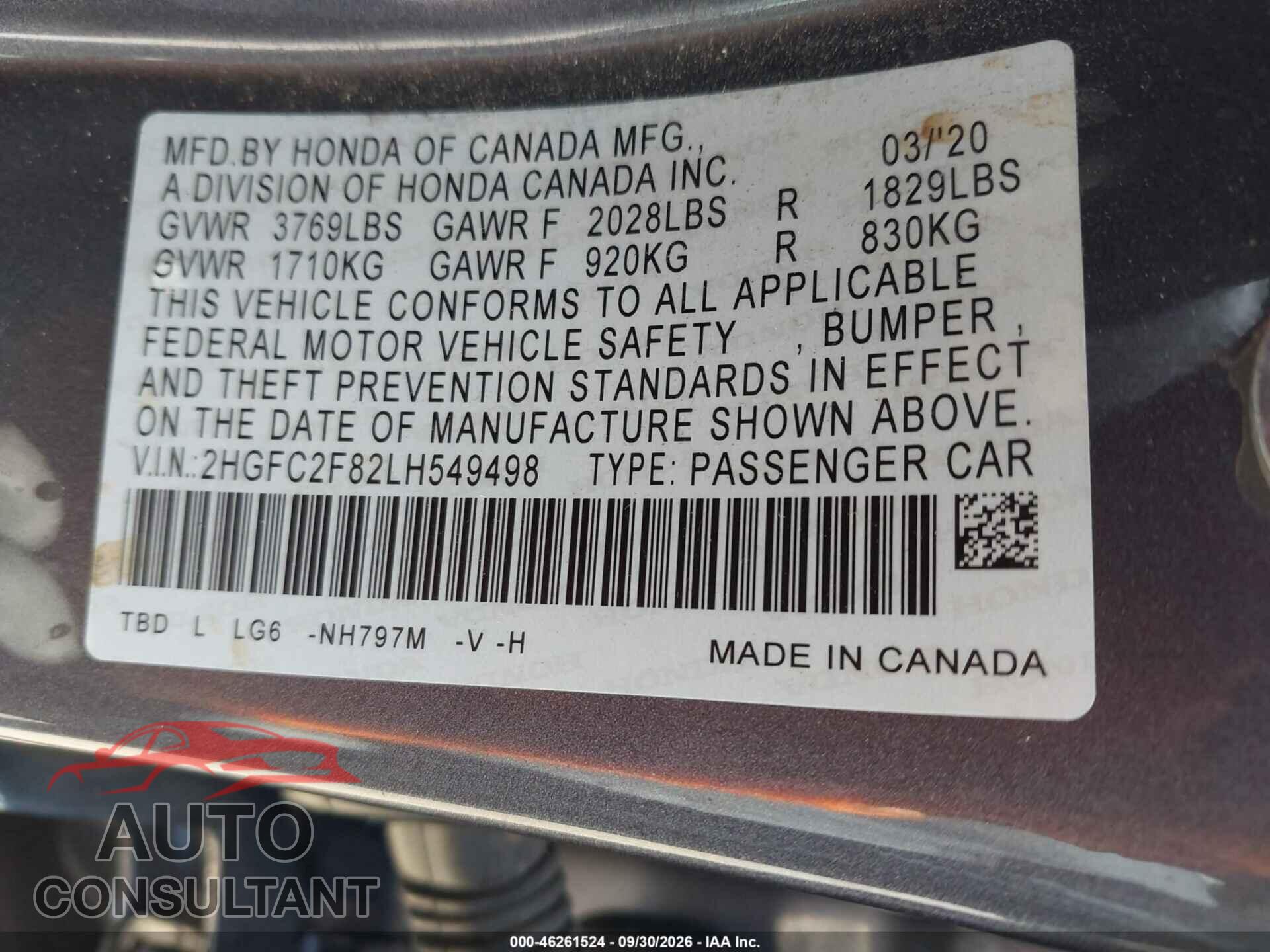 HONDA CIVIC 2020 - 2HGFC2F82LH549498