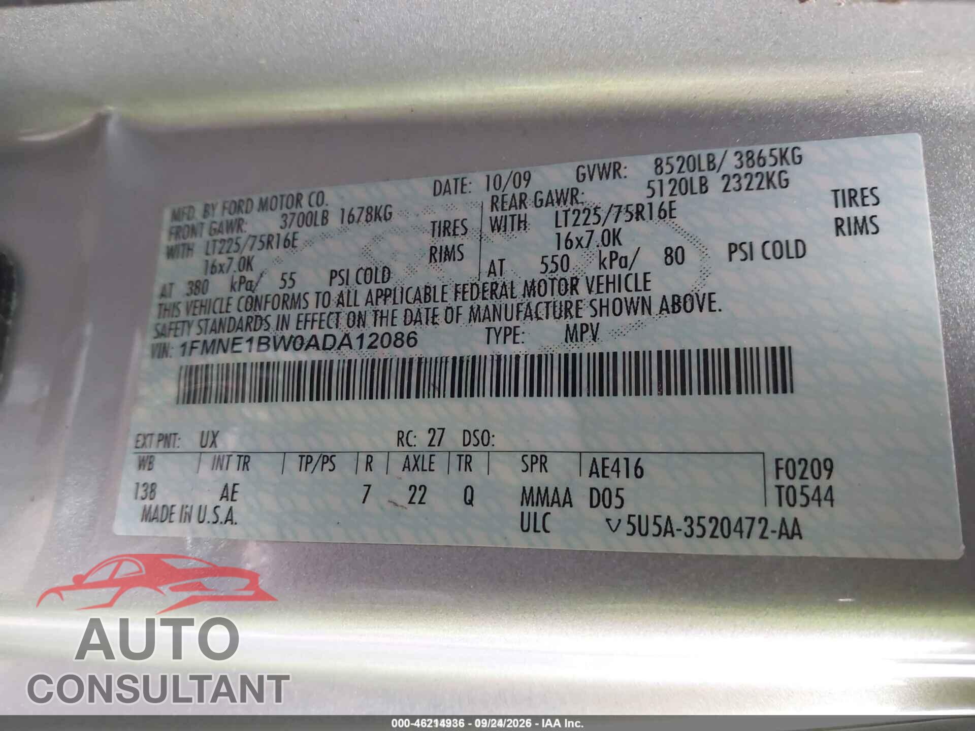 FORD E-150 2010 - 1FMNE1BW0ADA12086