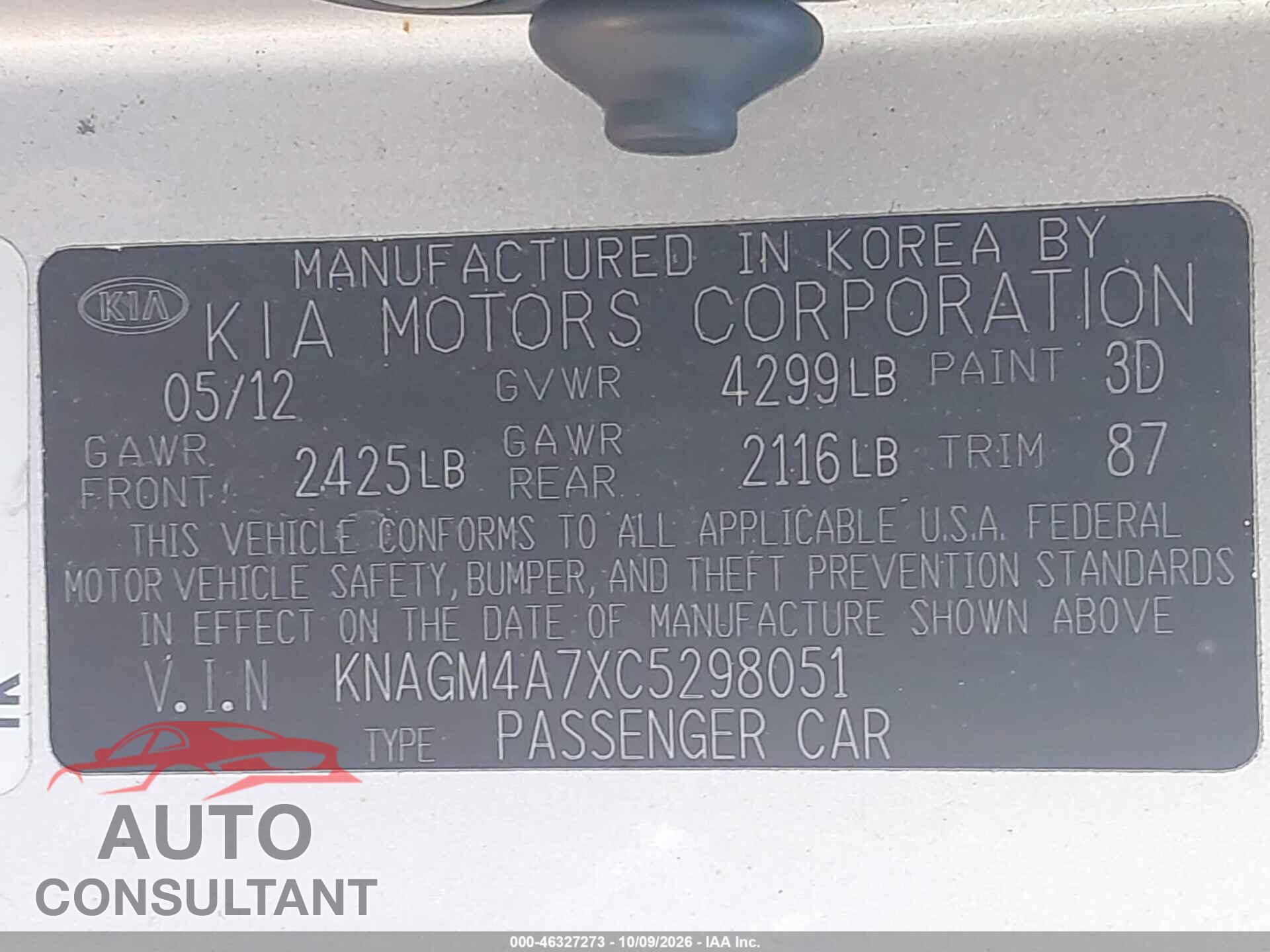 KIA OPTIMA 2012 - KNAGM4A7XC5298051