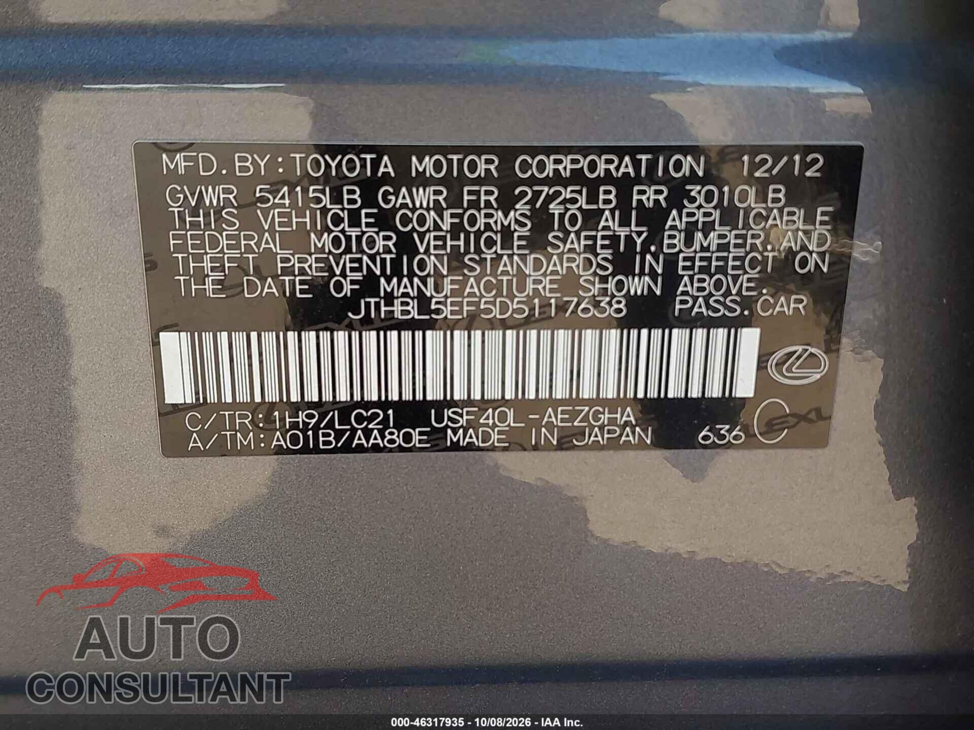 LEXUS LS 460 2013 - JTHBL5EF5D5117638