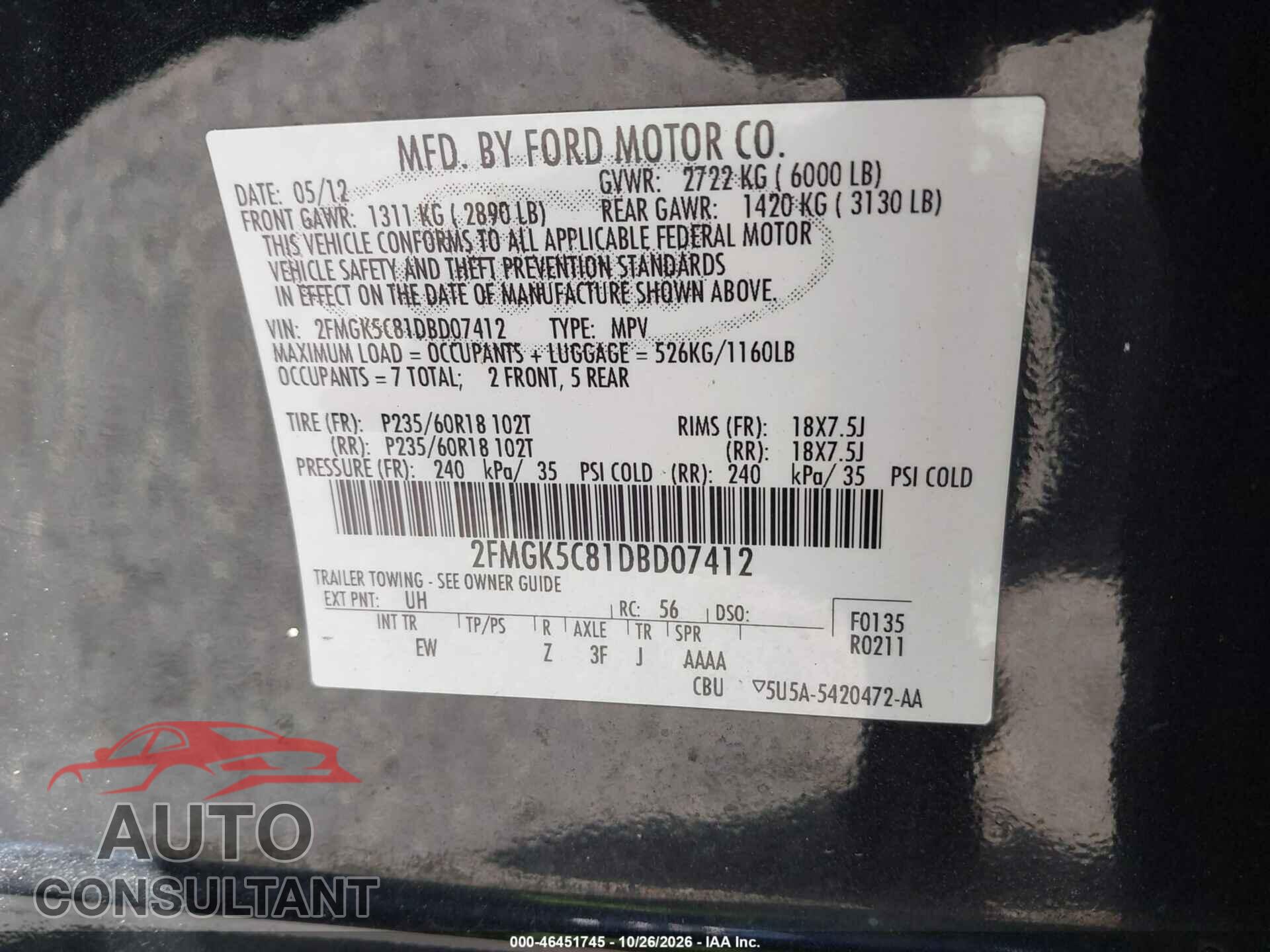 FORD FLEX 2013 - 2FMGK5C81DBD07412