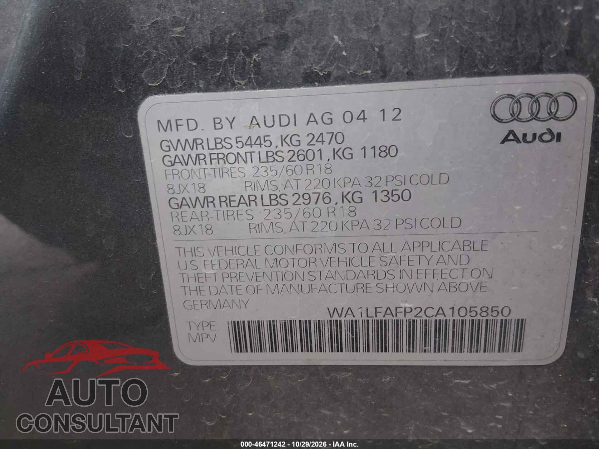 AUDI Q5 2012 - WA1LFAFP2CA105850