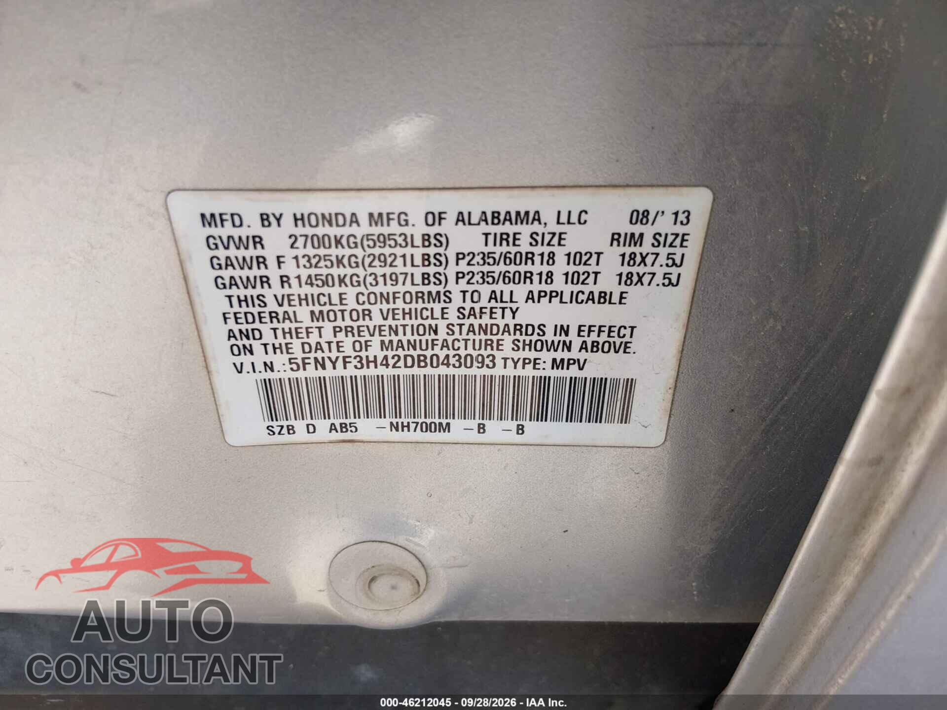 HONDA PILOT 2013 - 5FNYF3H42DB043093