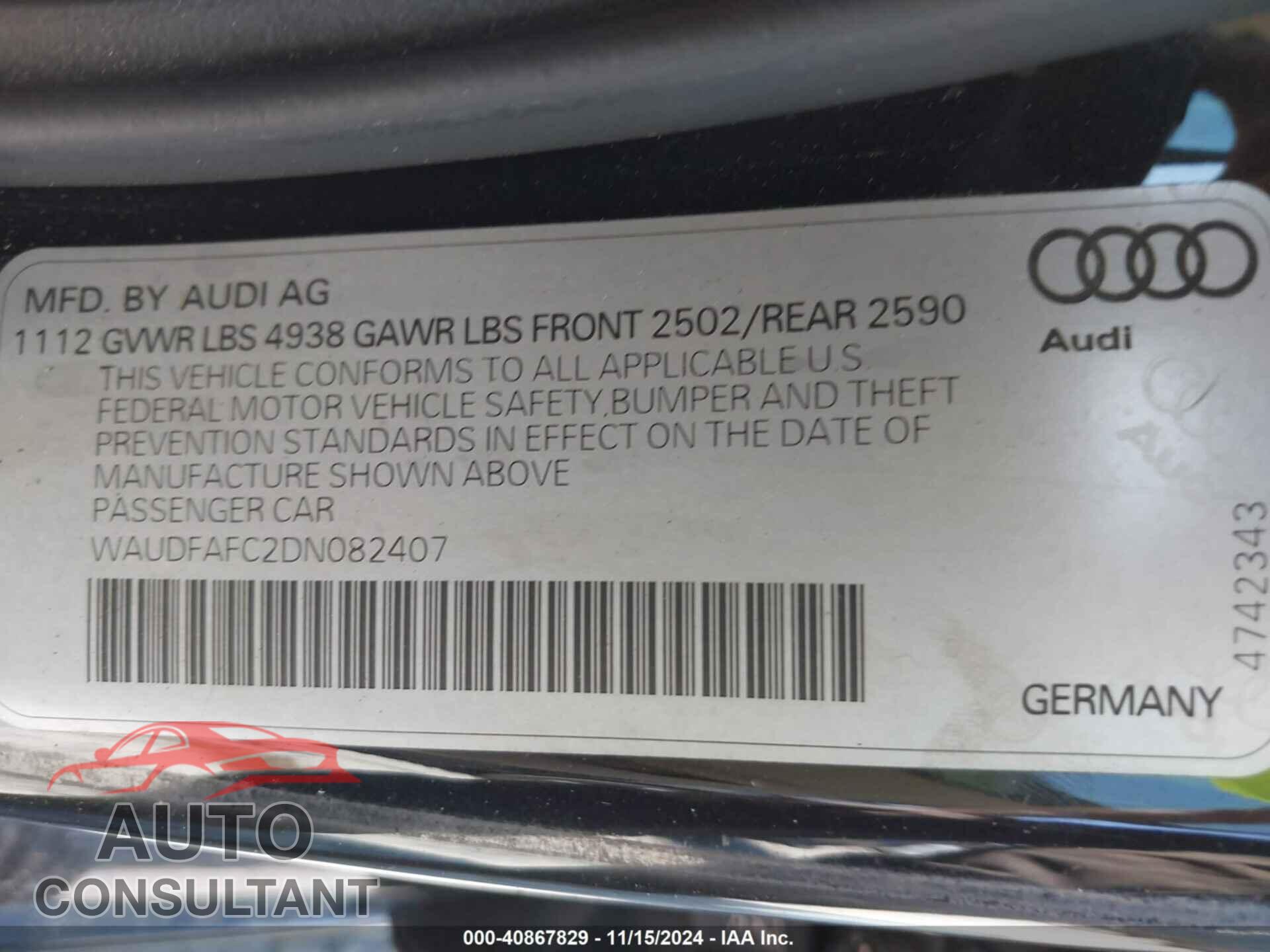 AUDI A6 2013 - WAUDFAFC2DN082407