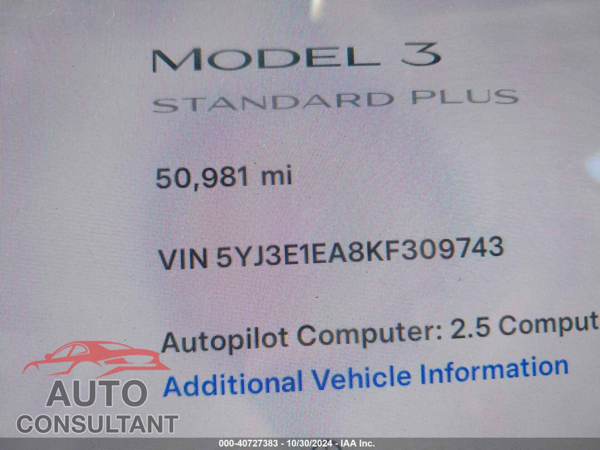 TESLA MODEL 3 2019 - 5YJ3E1EA8KF309743