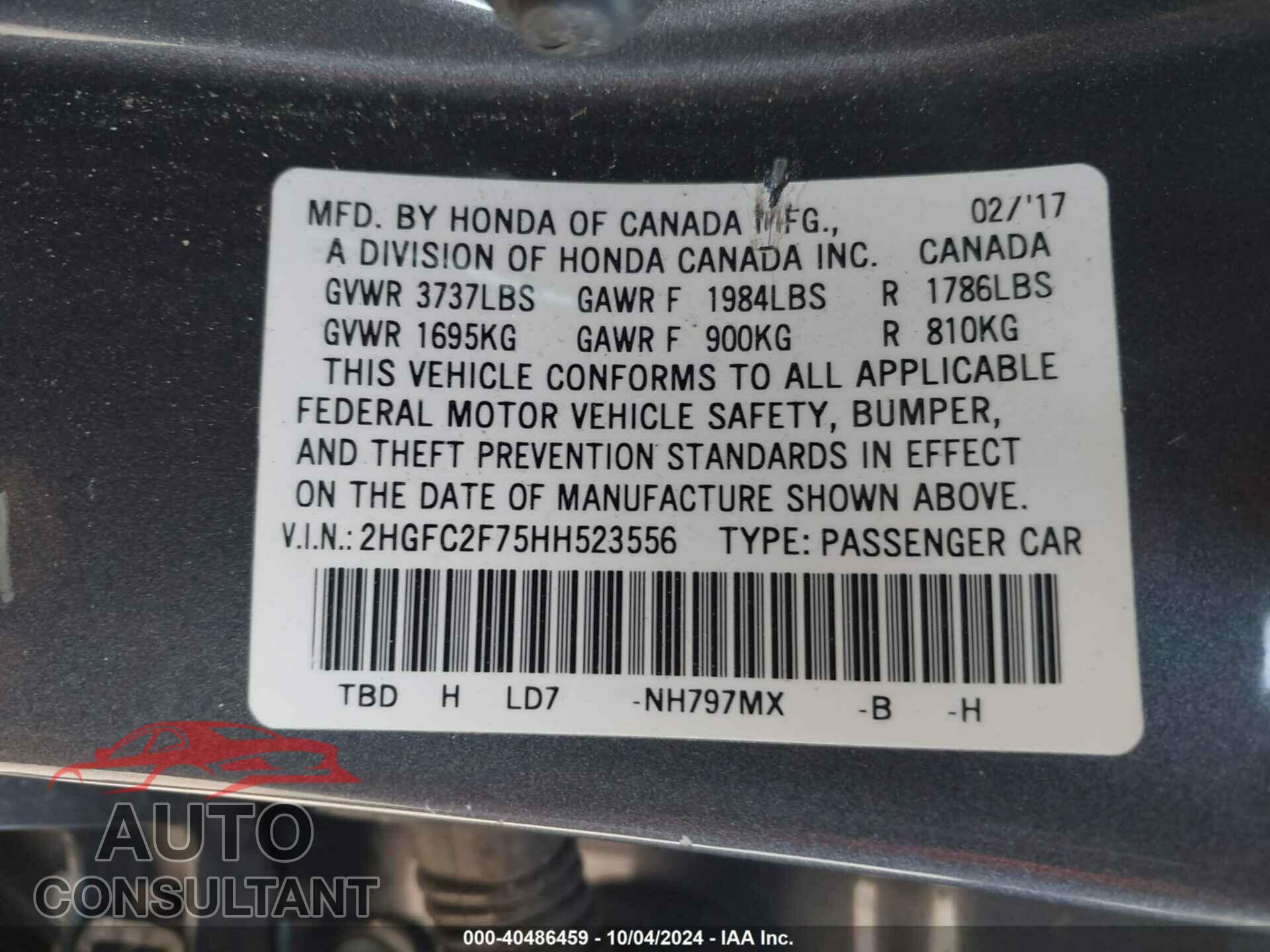 HONDA CIVIC 2017 - 2HGFC2F75HH523556