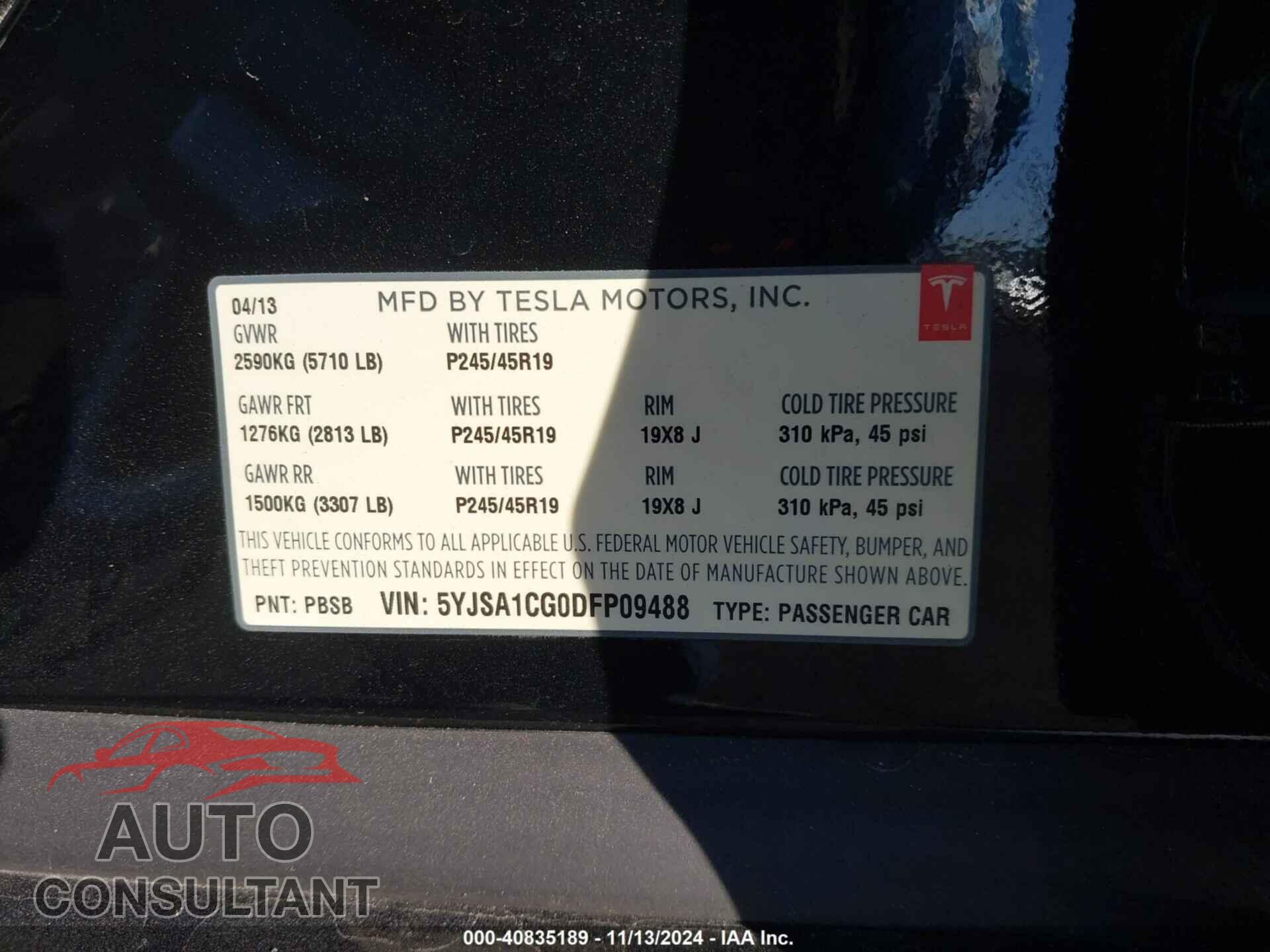 TESLA MODEL S 2013 - 5YJSA1CG0DFP09488