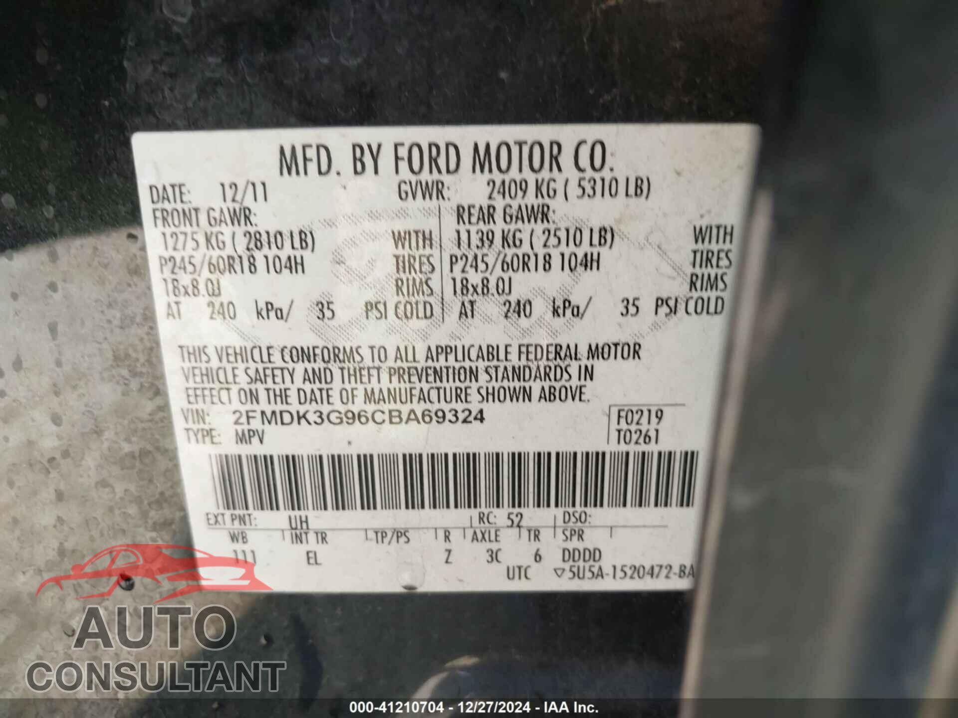 FORD EDGE 2012 - 2FMDK3G96CBA69324