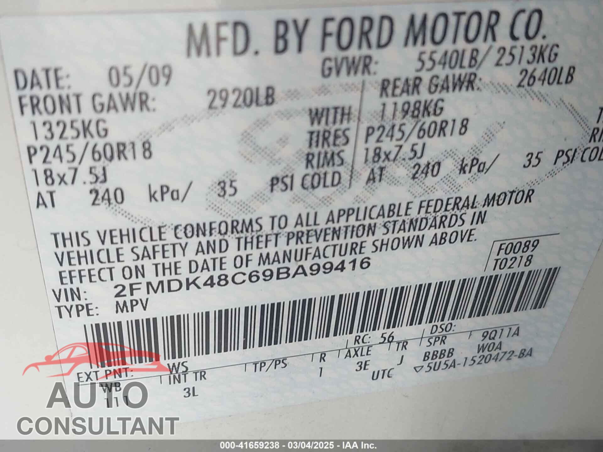 FORD EDGE 2009 - 2FMDK48C69BA99416