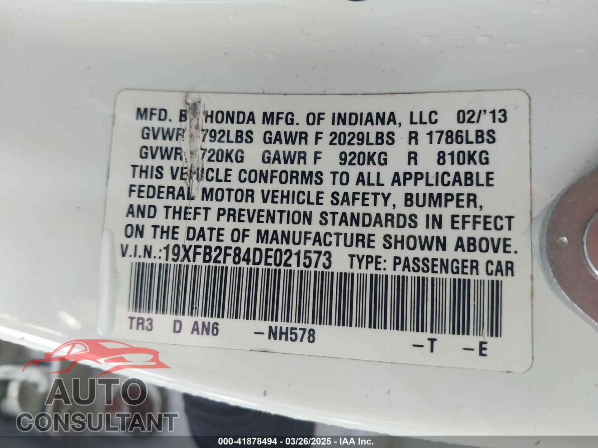 HONDA CIVIC 2013 - 19XFB2F84DE021573