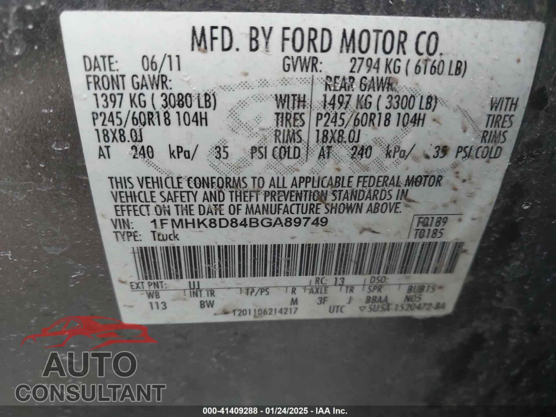 FORD EXPLORER 2011 - 1FMHK8D84BGA89749