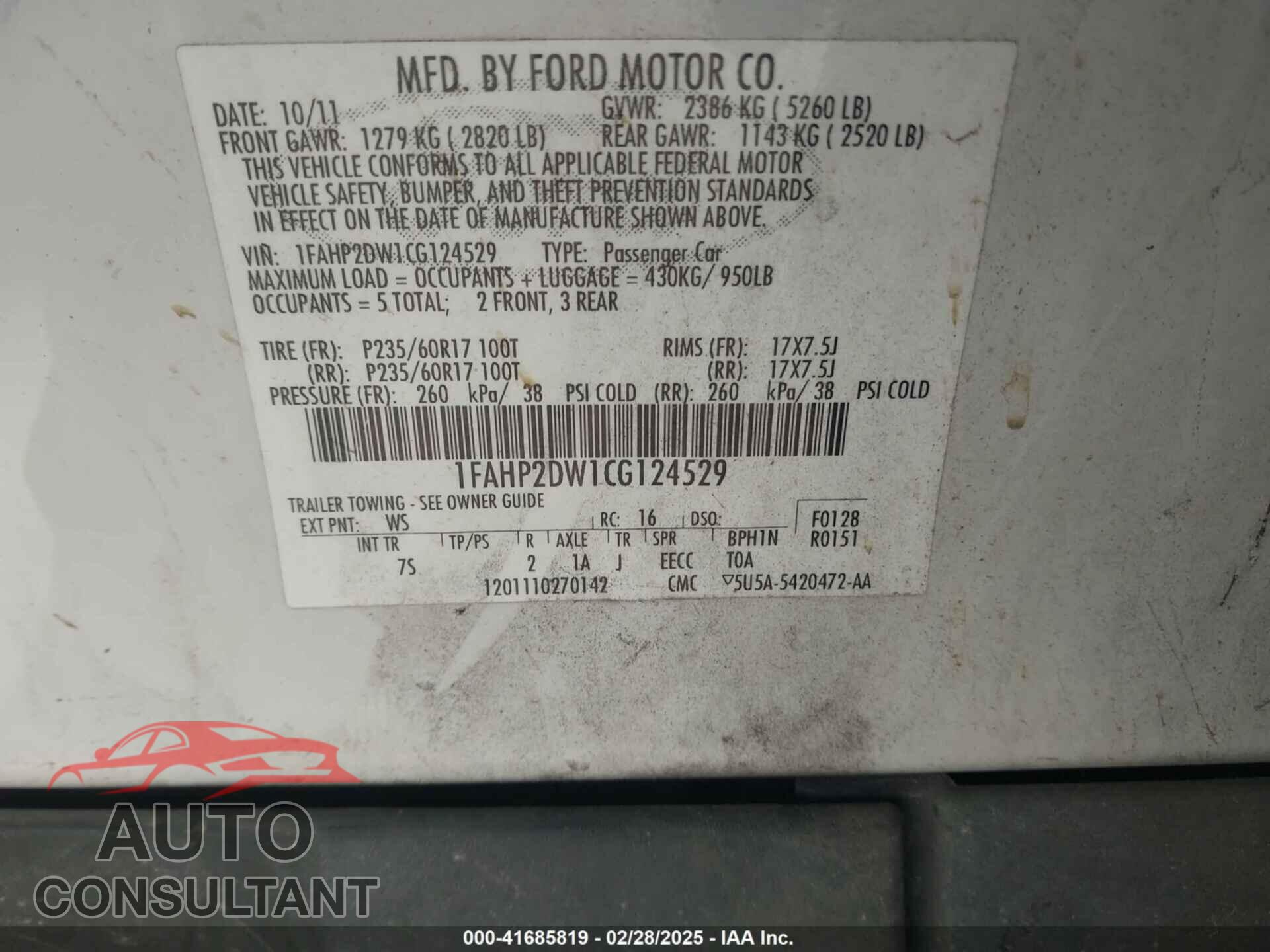 FORD TAURUS 2012 - 1FAHP2DW1CG124529