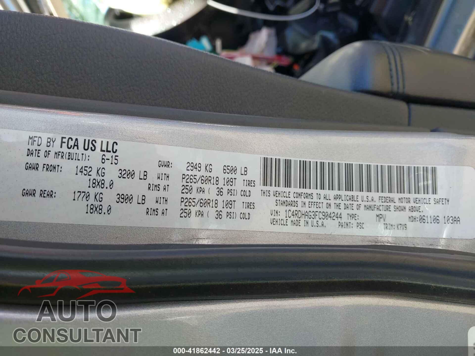 DODGE DURANGO 2015 - 1C4RDHAG3FC904244