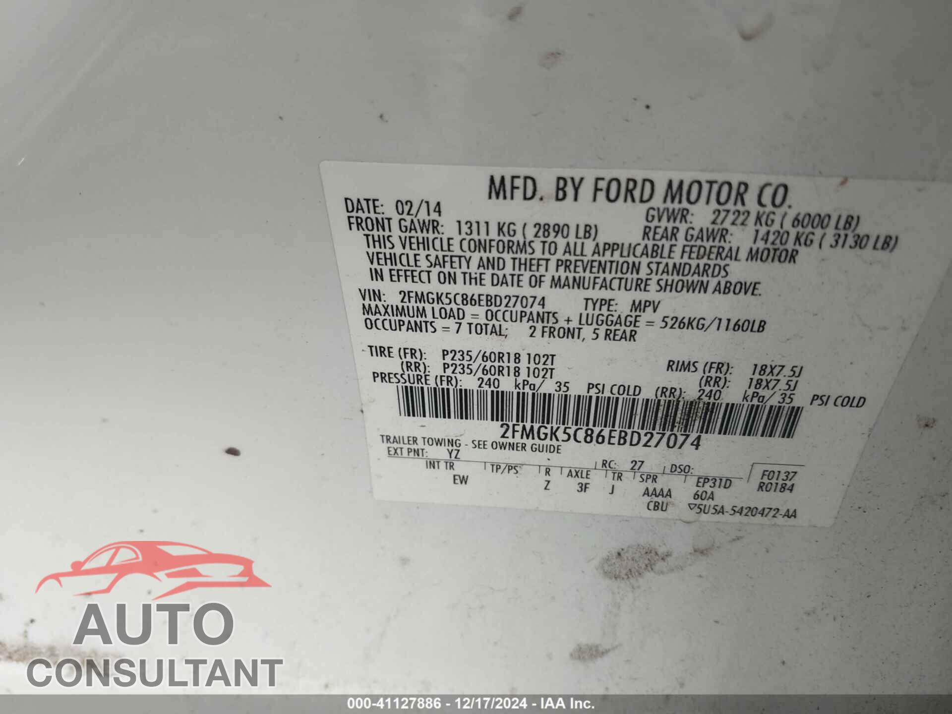 FORD FLEX 2014 - 2FMGK5C86EBD27074