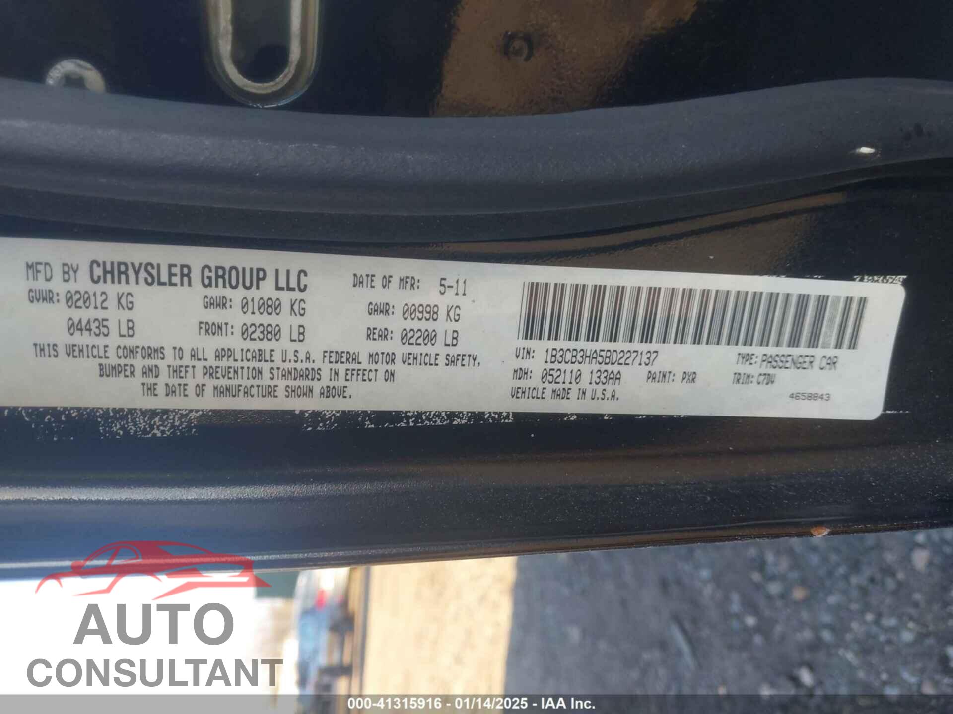 DODGE CALIBER 2011 - 1B3CB3HA5BD227137